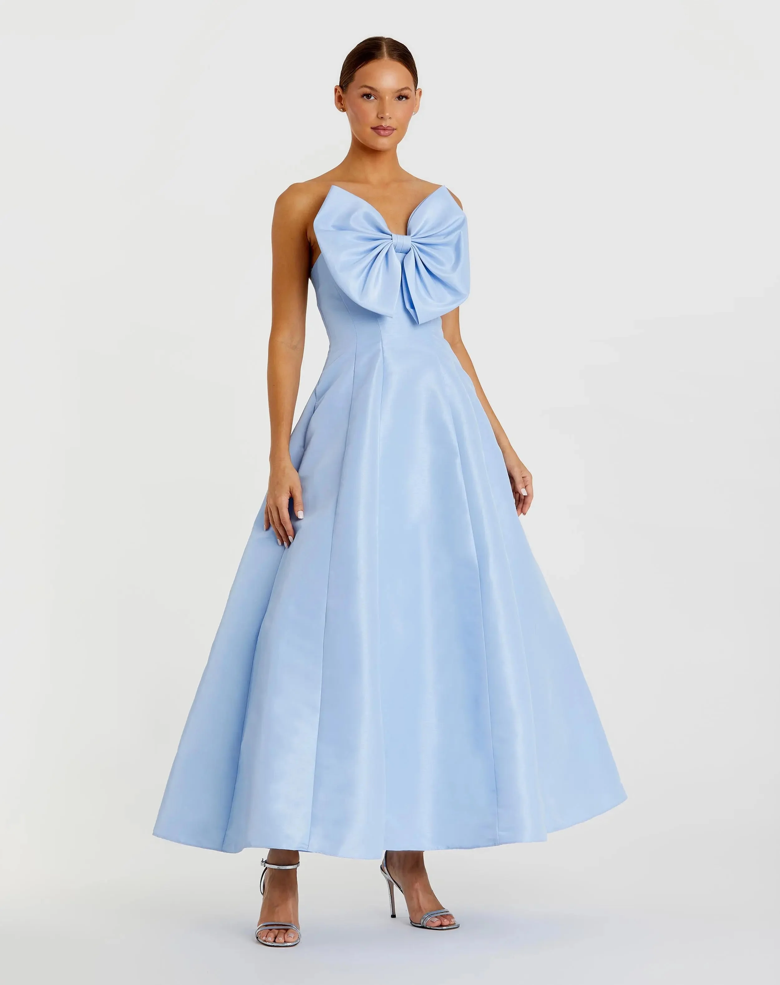 Blue Strapless A-Line Tea Length Statement Bow Dress - 1