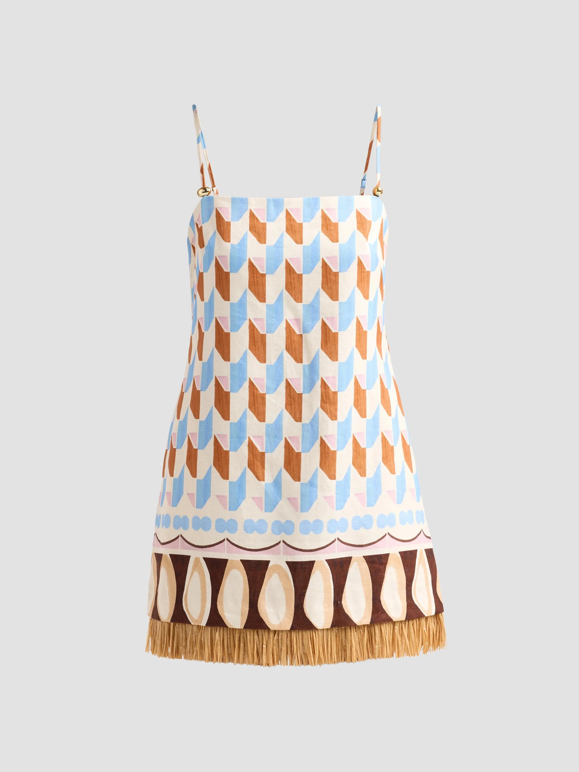 Women's Valencia Geometri Raffia Fringe Mini Dress - Talavera Tile Ivory - 1