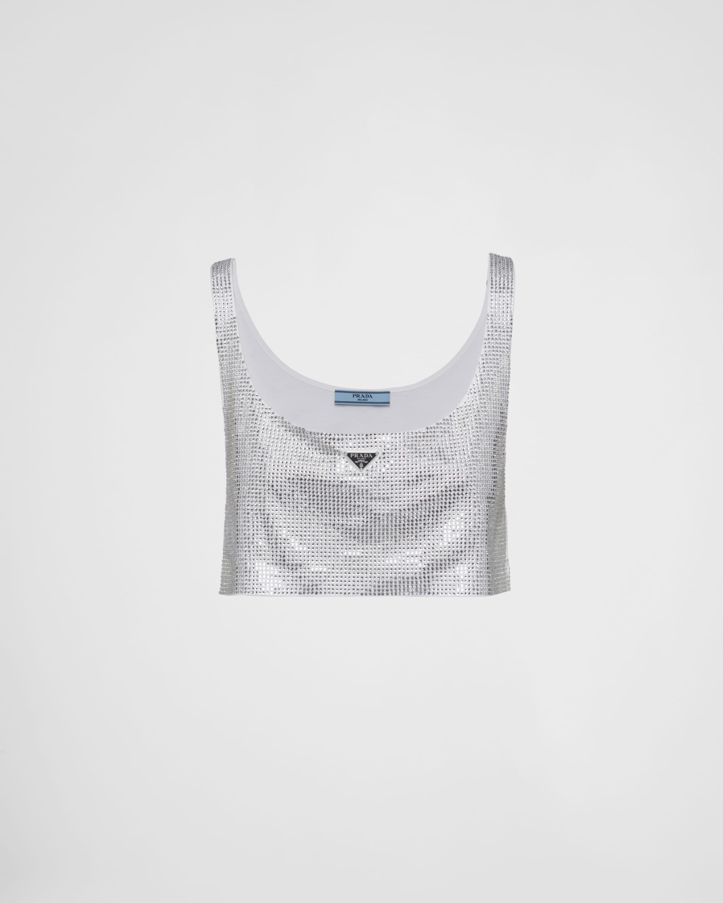 Embroidered Mesh Mini Dress Rhinestone Clothing Prada Prada Rhinestone-embellished  Mesh Top Silver FARFETCH AU