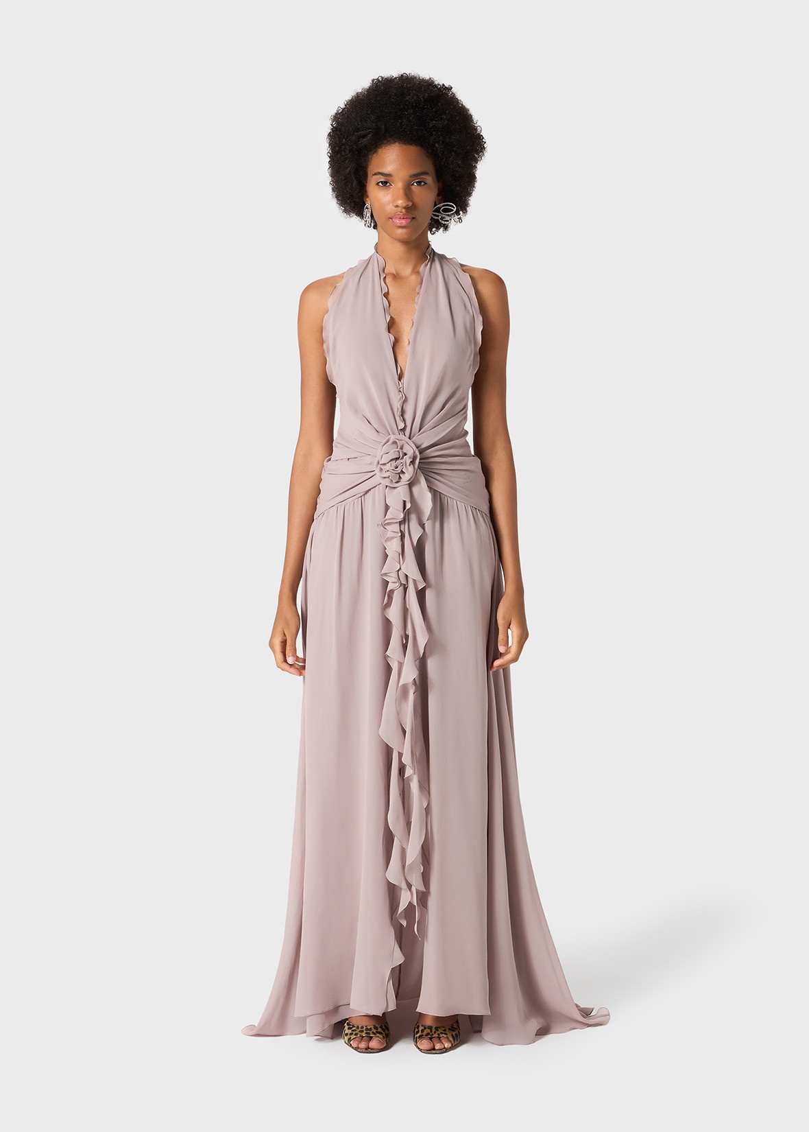LONG GEORGETTE DRESS WITH RUFFLES AND ROSE DECORATION - 3