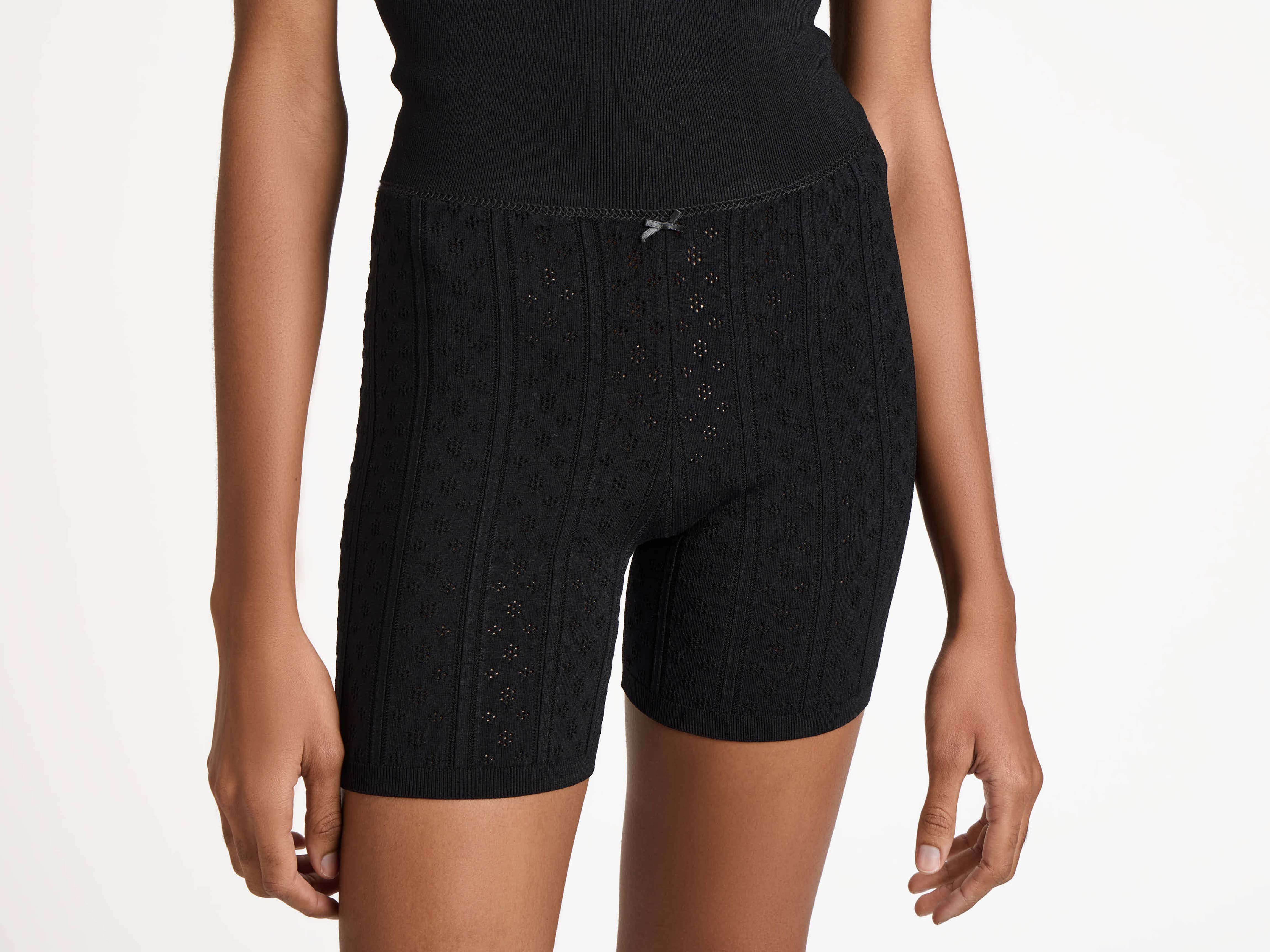 KNITTED POINTELLE FITTED SHORTS IN BLACK - 4