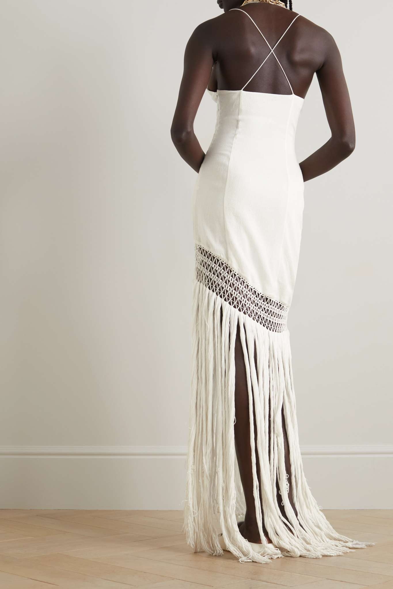 Loewe + Paula's Ibiza asymmetric fringed woven maxi dress