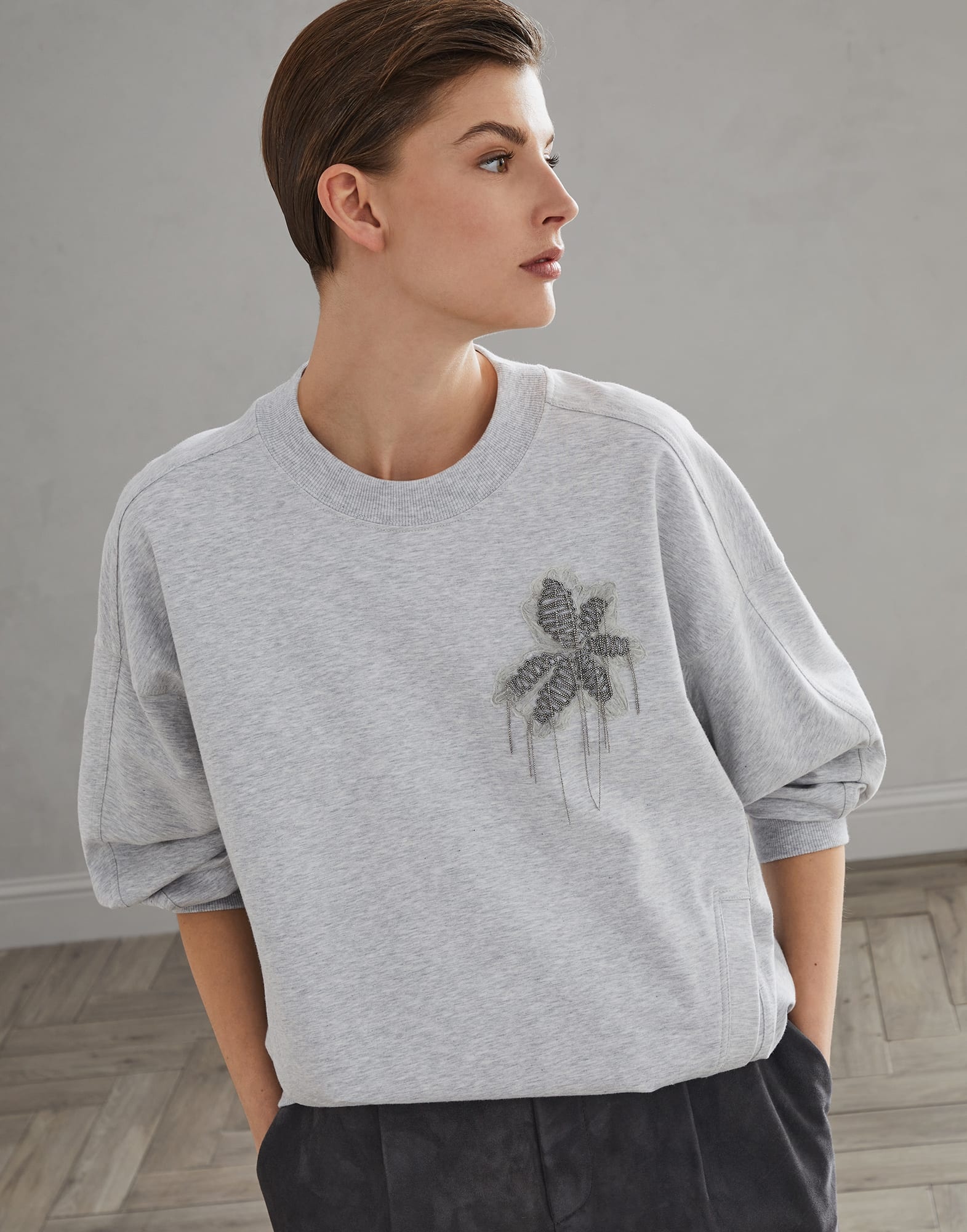 Stretch cotton lightweight French terry sweatshirt with precious flower crest - 4