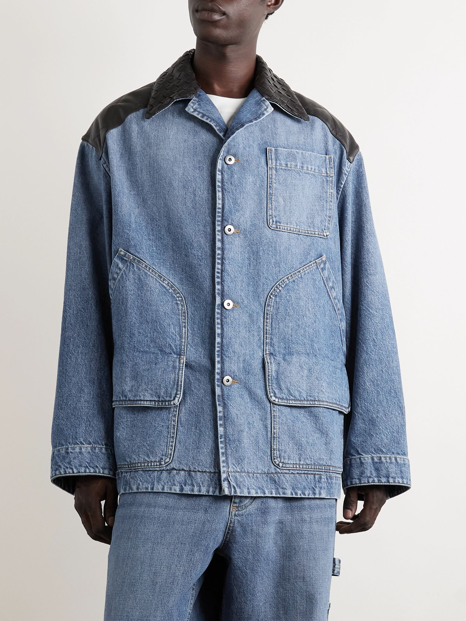 Intrecciato Leather-Panelled Denim Jacket Blue - 3