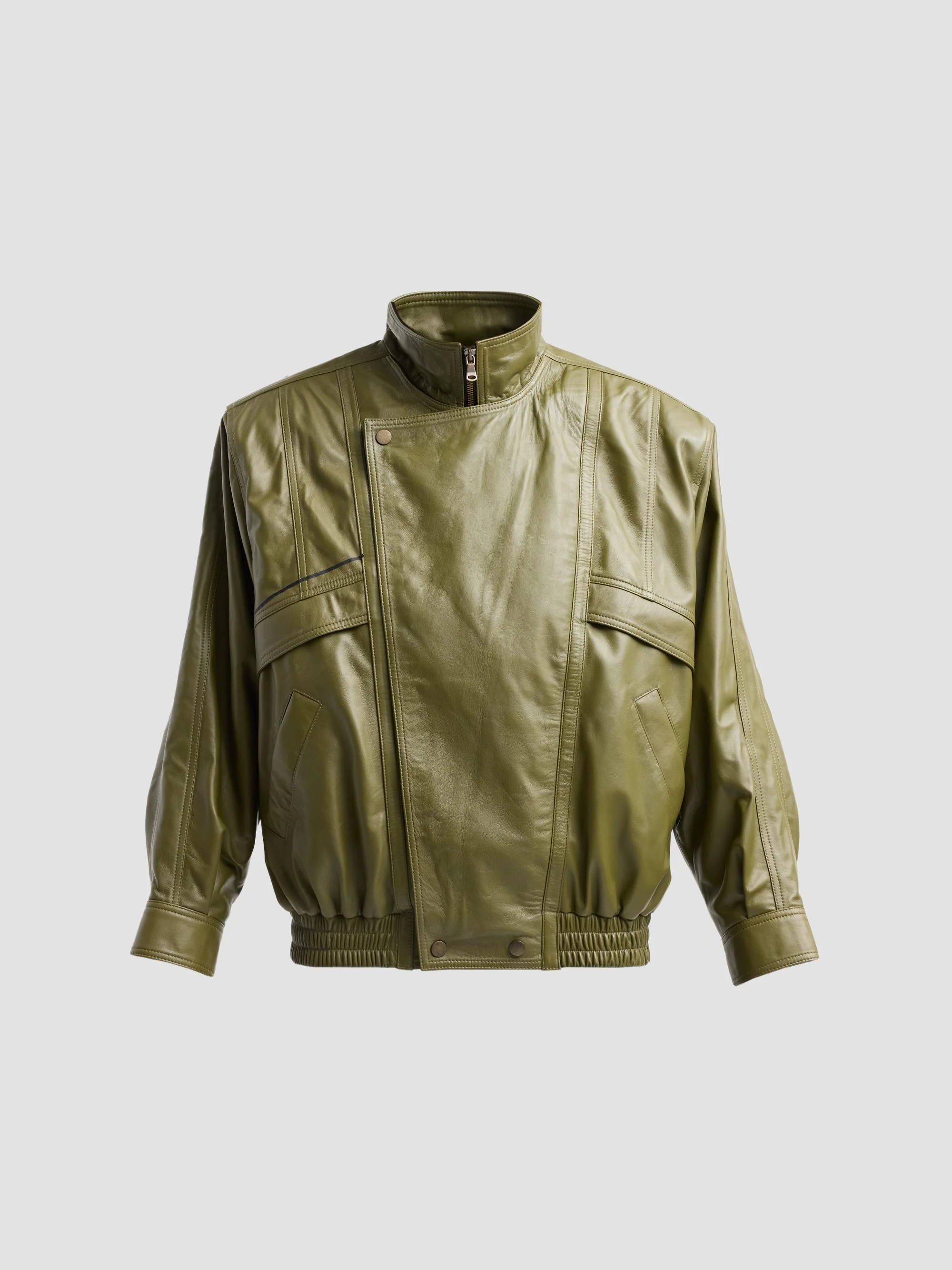Women's Shanaya Leather Bomber Jacket - Green Dopper - 1