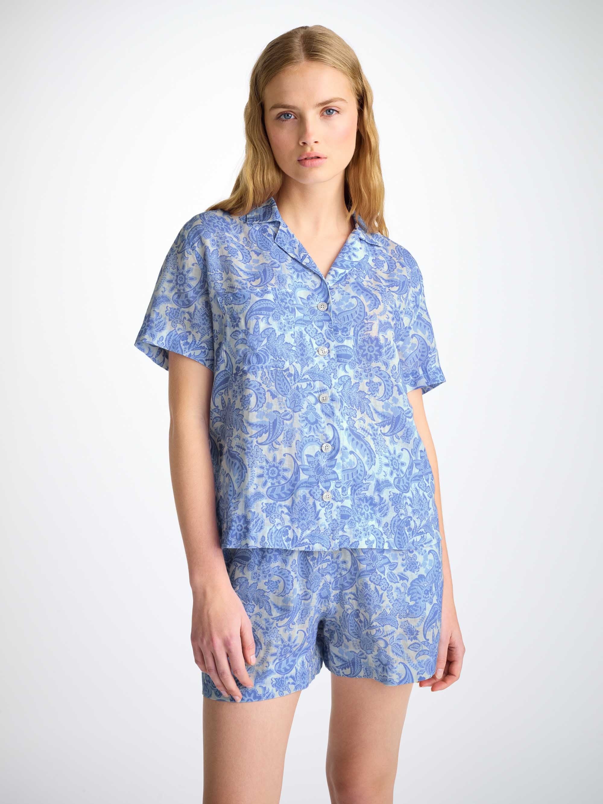 Women's Short Pajamas Linen White Jungle Paisley Print - 4
