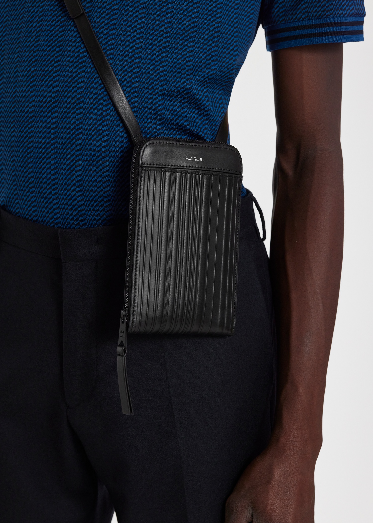 Black Leather 'Shadow Stripe' Phone Wallet Bag - 7