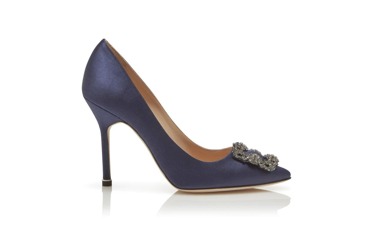 Navy Blue Satin Jewel Buckle Pumps - 1