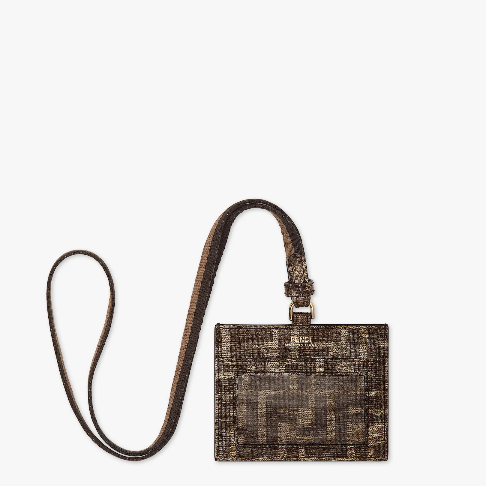 Fendi Roma name badge with a flat pocket and Pequin ribbon strap. Made of fabric with FF motif in br - 2