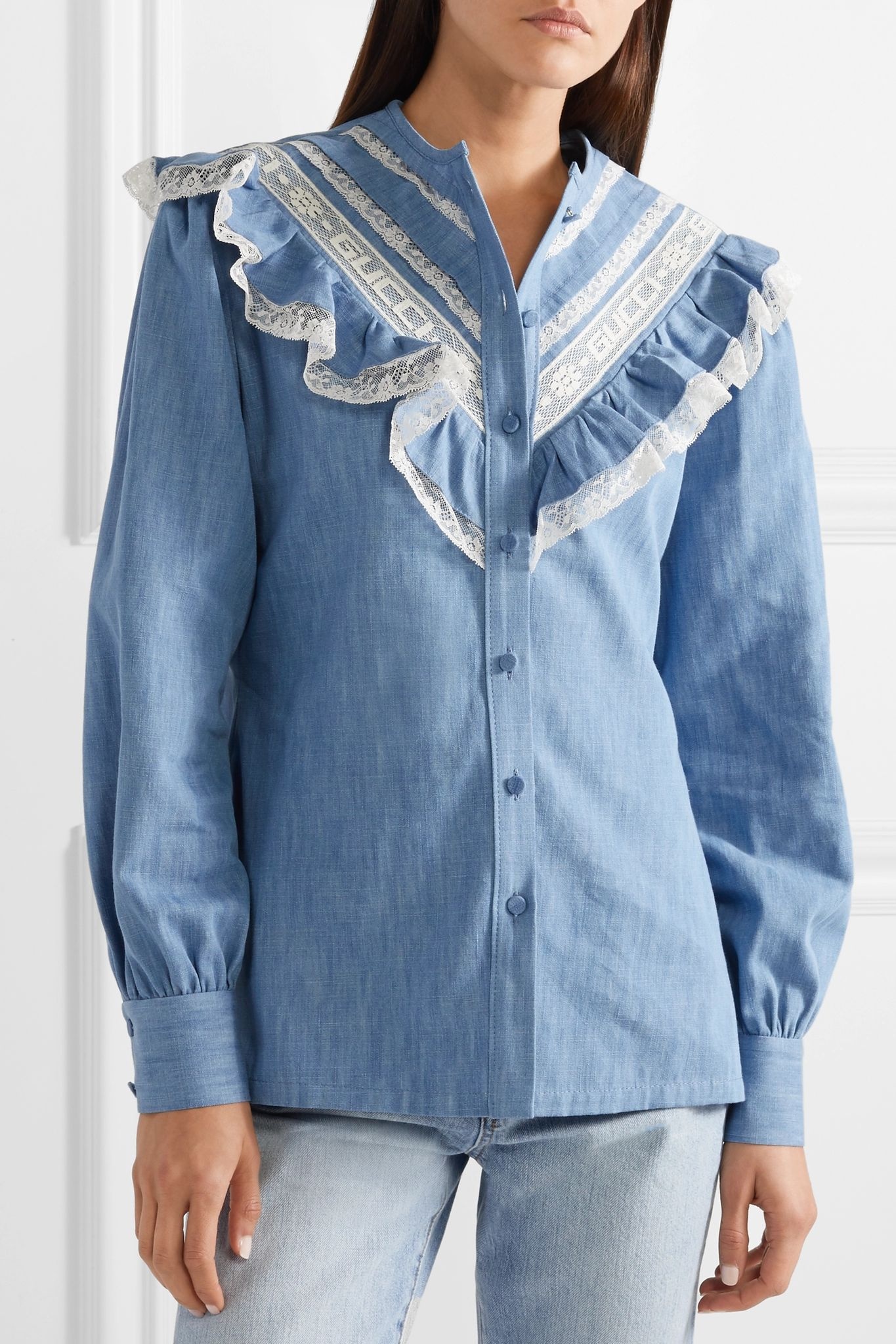 Lace-trimmed cotton-chambray shirt - 3