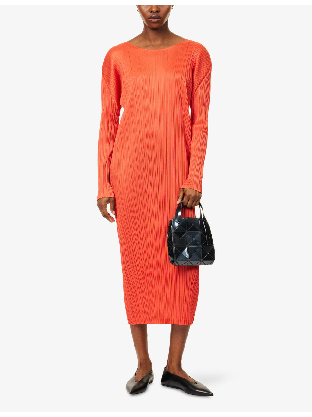 Long-Sleeve Pleat Knitted Midi Dress - 2