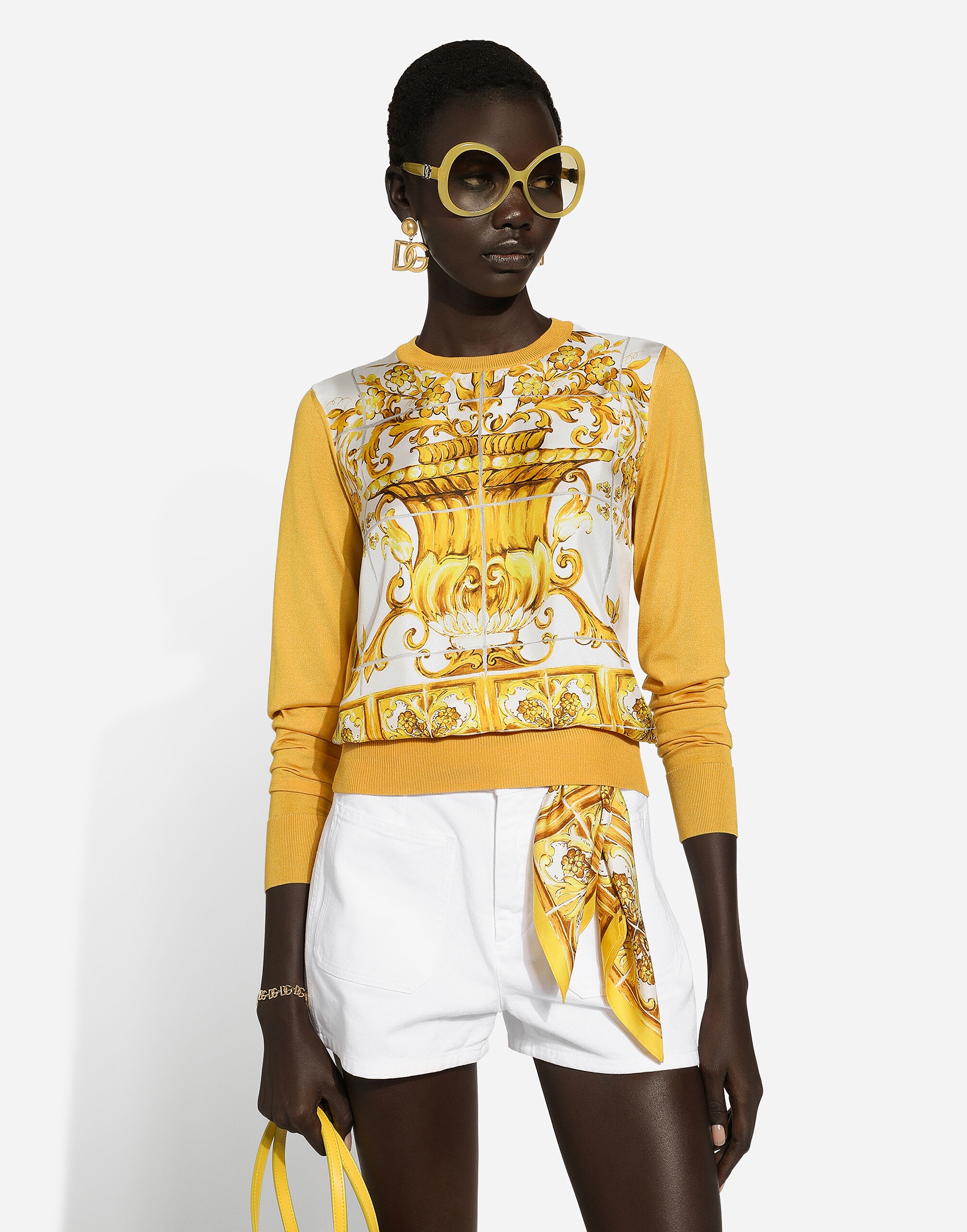 Silk sweater with majolica-print silk twill panel on the front - 4