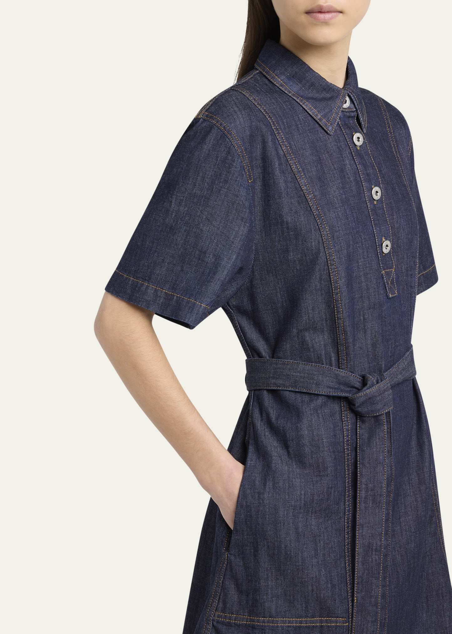 Short-Sleeve Belted Denim Shirtdress - 5