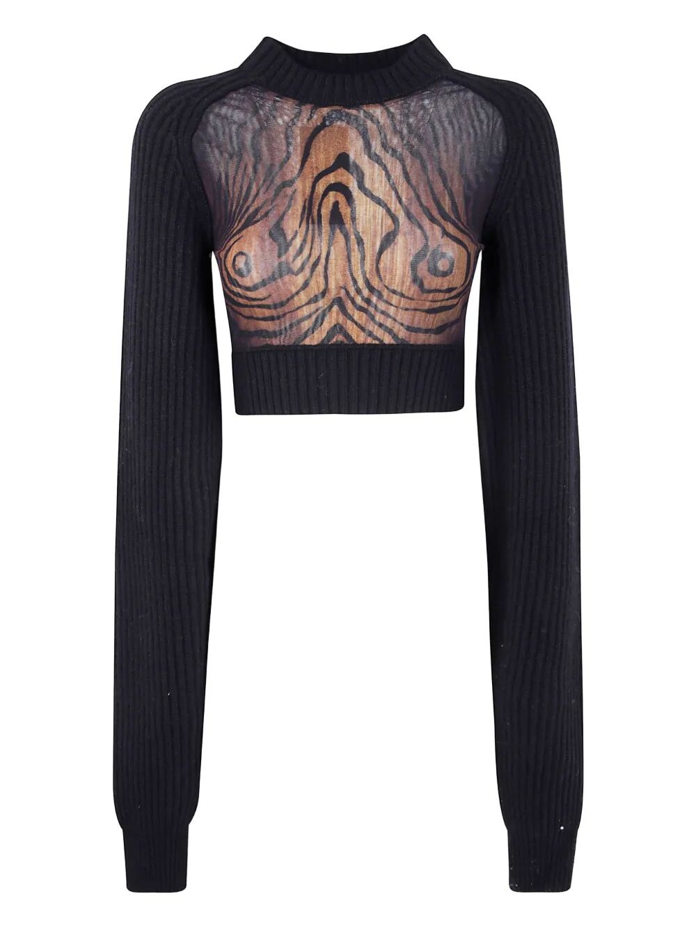 Jean Paul Gaultier Women Lambswool Ribbed Long Sleeves Cropped Sweater With Printed Mesh Cut Out Det - 4