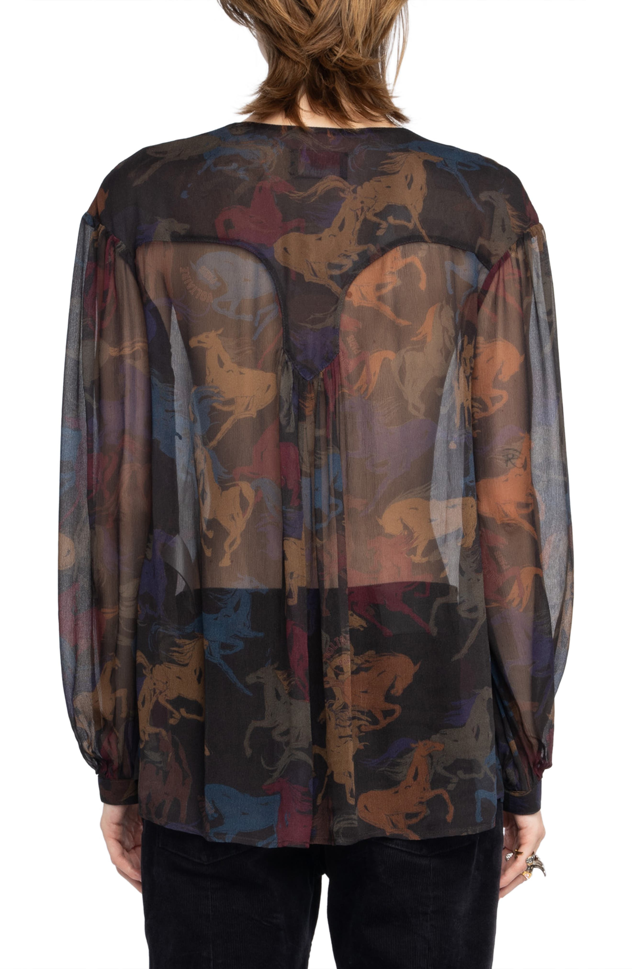 Zadig & Voltaire Tamela Horses Sheer Mousseline Top in Dark Chocolate at Nordstrom - 2
