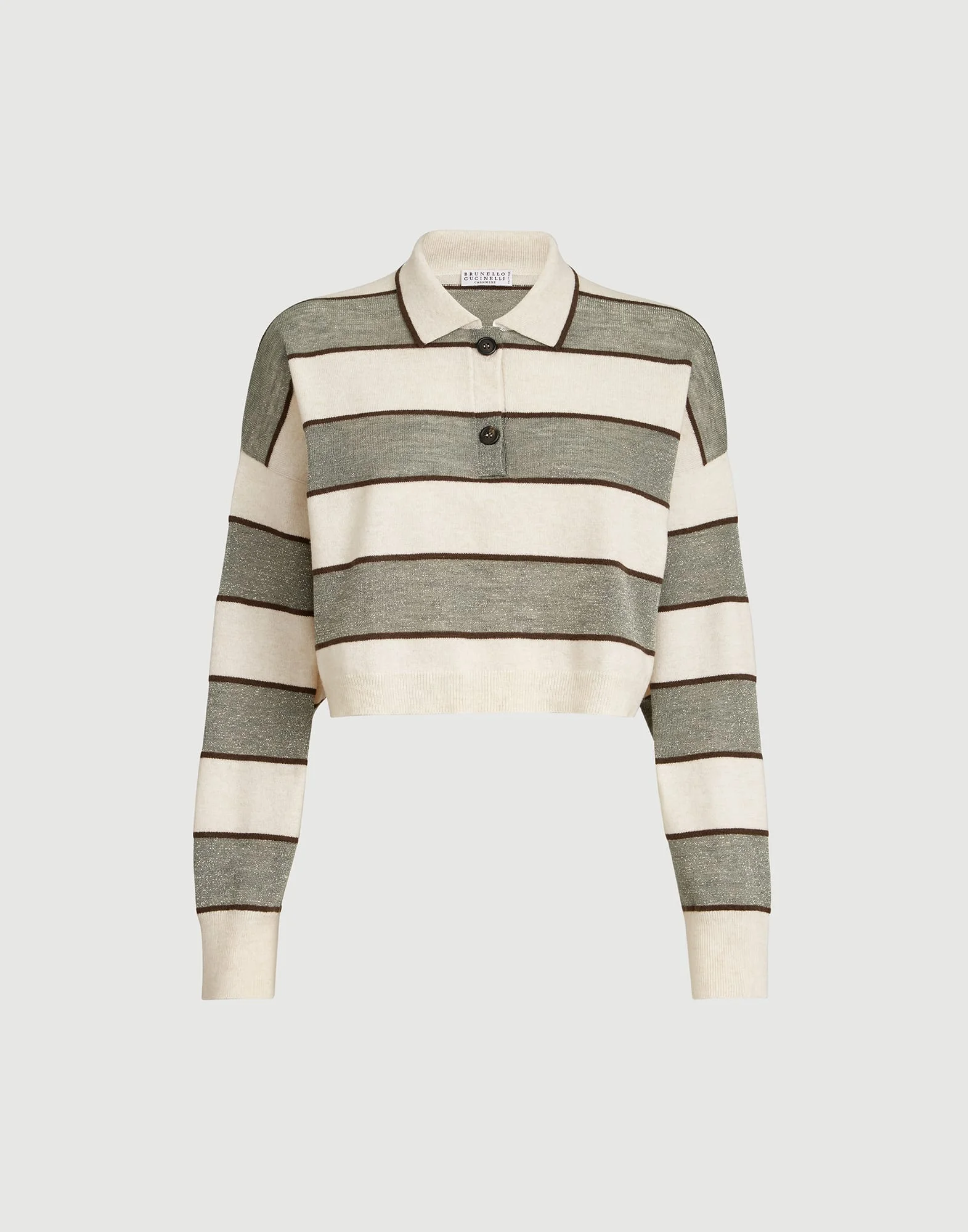 Virgin wool, cashmere and linen cropped knit polo with sparkling stripes - 1
