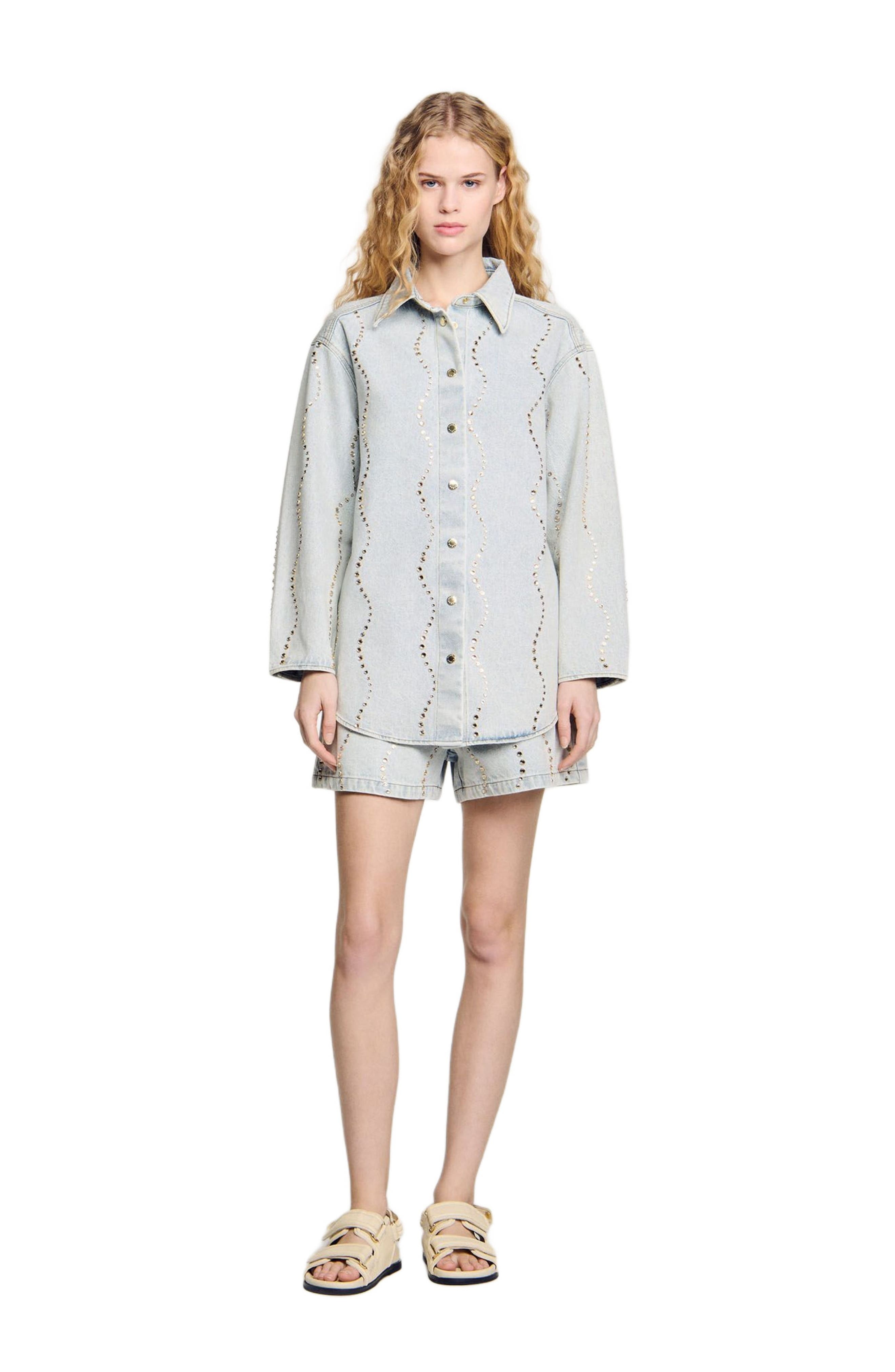 SANDRO Denim shirt with rhinestones in Light Bu Jean at Nordstrom - 5