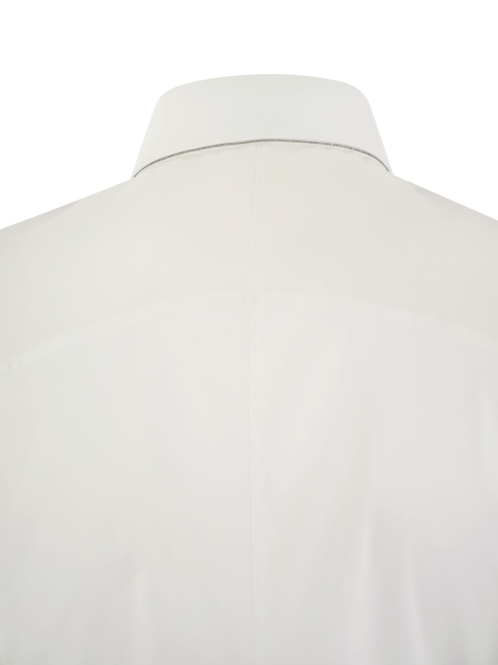 Brunello Cucinelli Women Stretch Cotton Poplin Shirt With Cotton Organza Sleeves And Necklace - 4