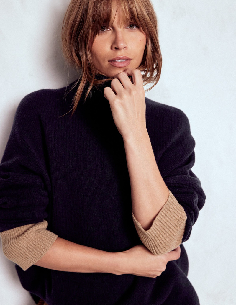 Polly Merino Roll Neck Sweater-Navy, Warm Taupe Colour Block 3