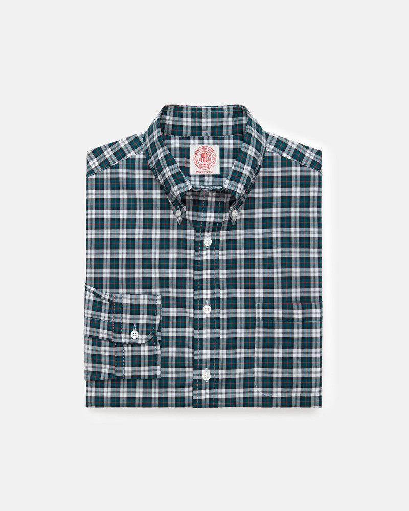 MADE-IN-USA THOMAS MASON GREEN & WHITE TARTAN BROADCLOTH SPORT SHIRT - CLASSIC FIT 1