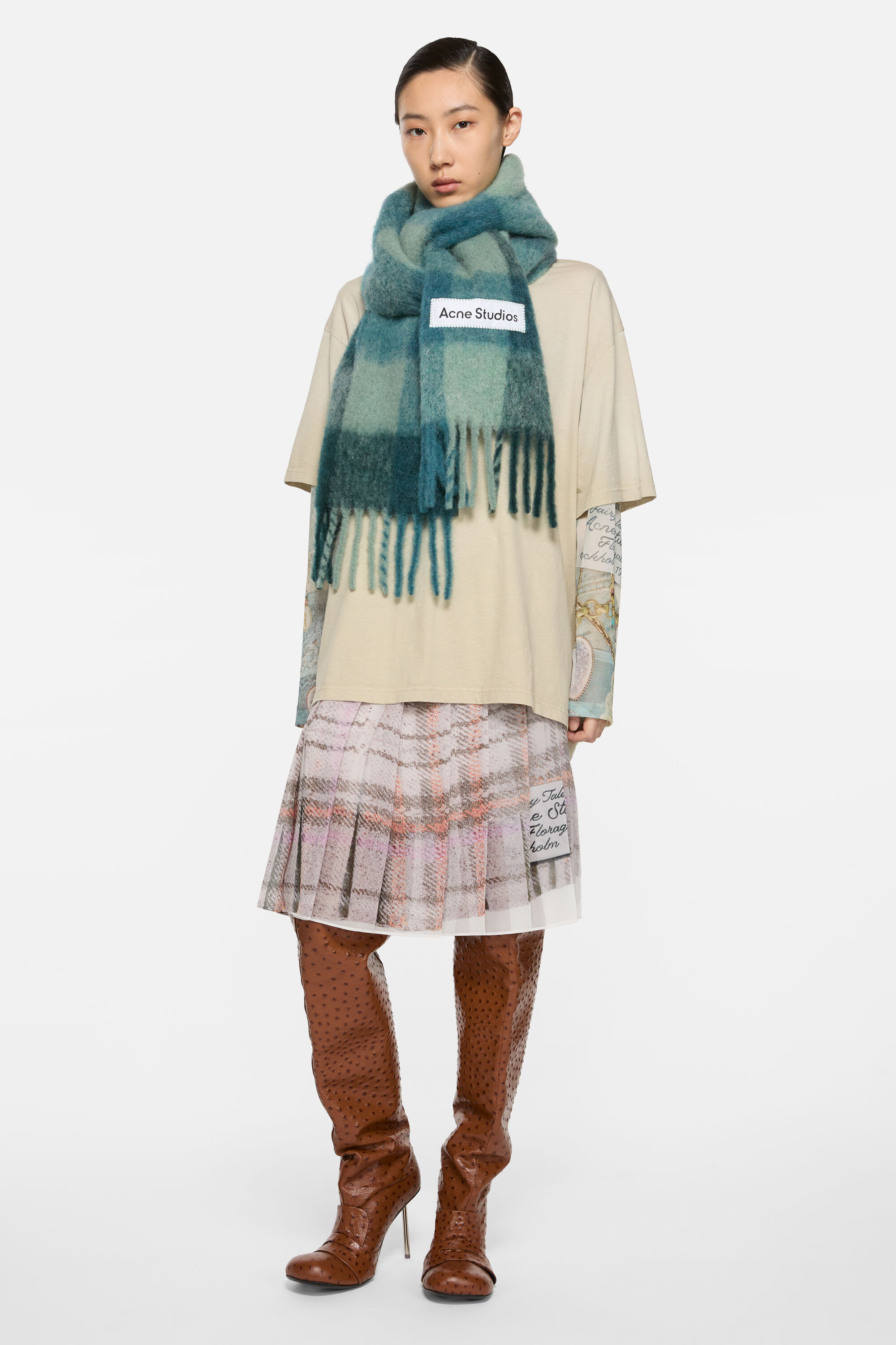 Mohair checked scarf - Teal/Grey/Green - 2