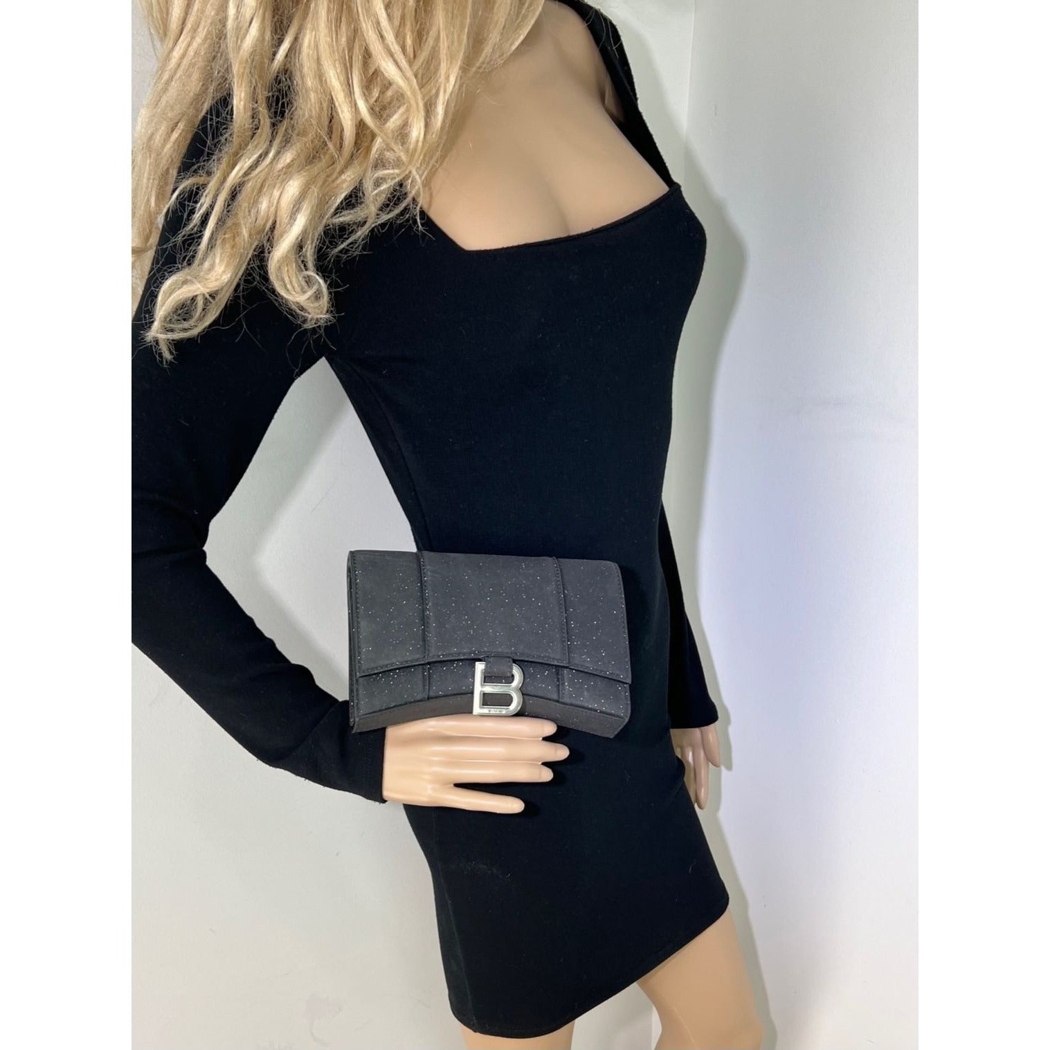 BALENCIAGA Hourglass Wallet On Chain Black Glitter Clutch Shoulder Bag - 8
