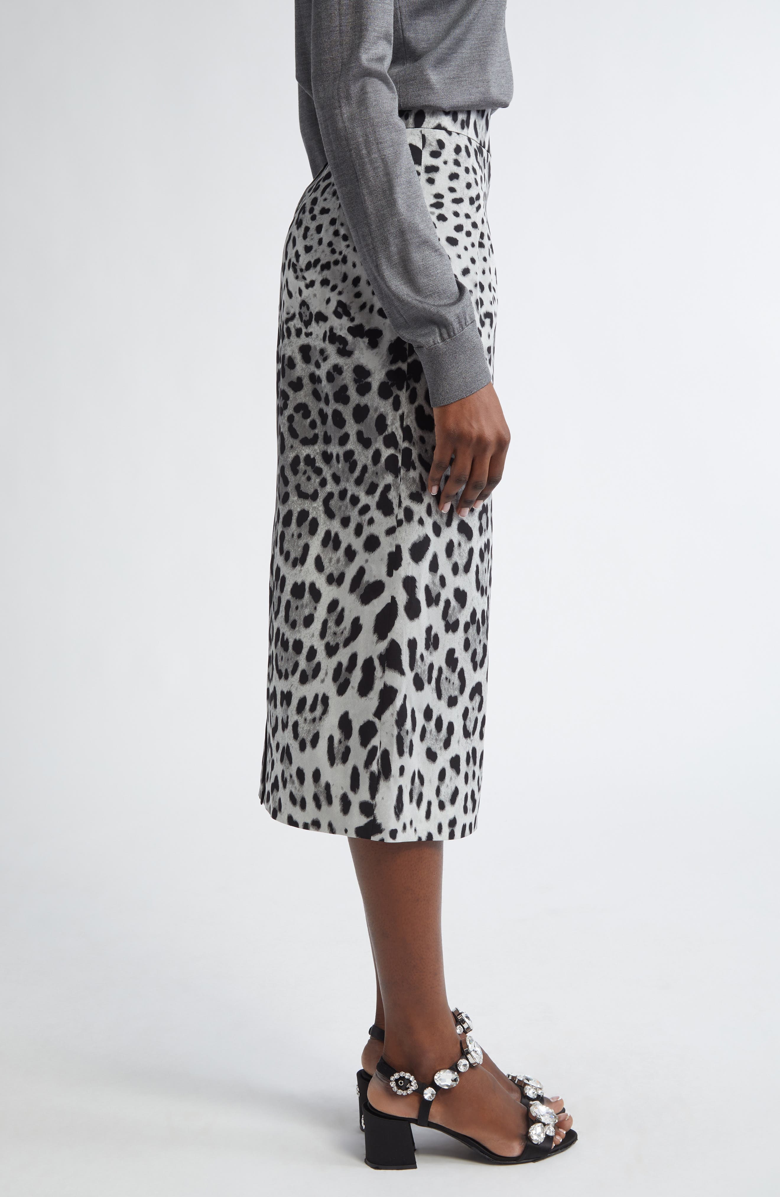 Dolce&Gabbana Leopard Print Stretch Silk Midi Skirt in Hi13N Leo Nero Fdo Grigio at Nordstrom - 4