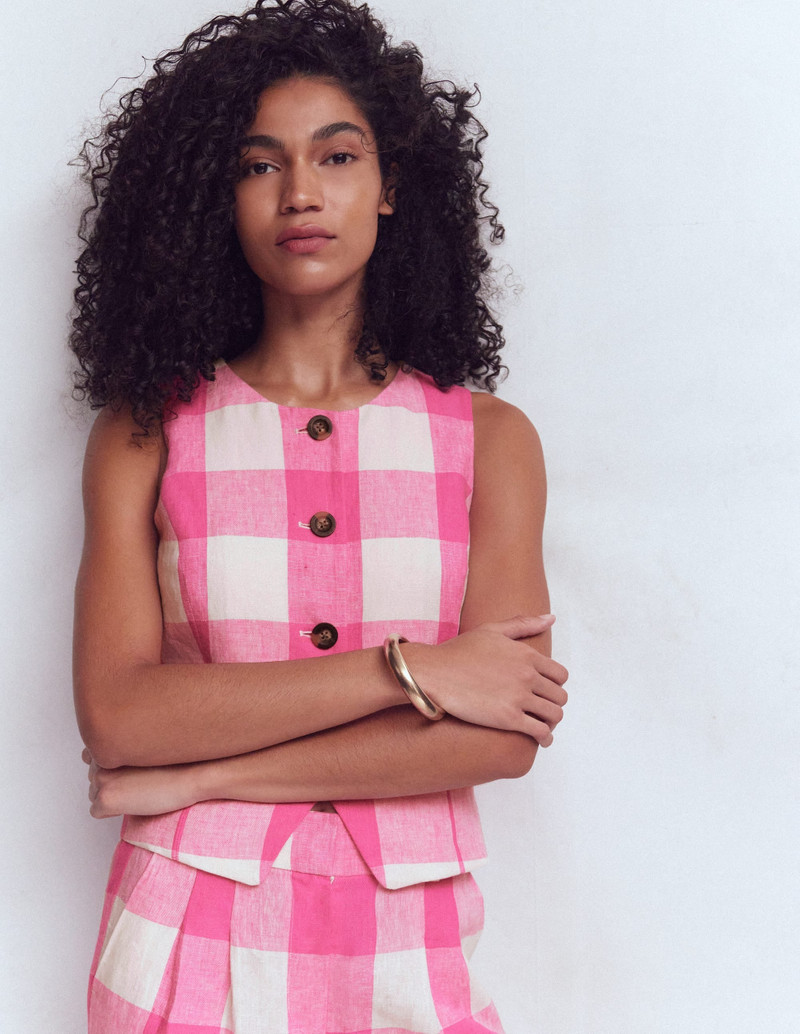 Linen Scoop Neck Waistcoat-Pink Punch Gingham 5