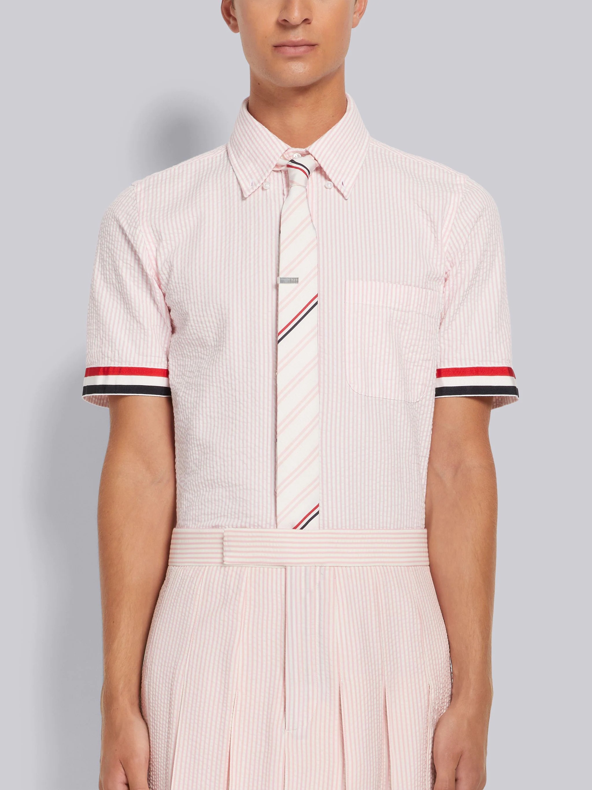 Light Pink Seersucker Grosgrain Cuff Point Collar Straight Fit Short Sleeve Shirt - 1