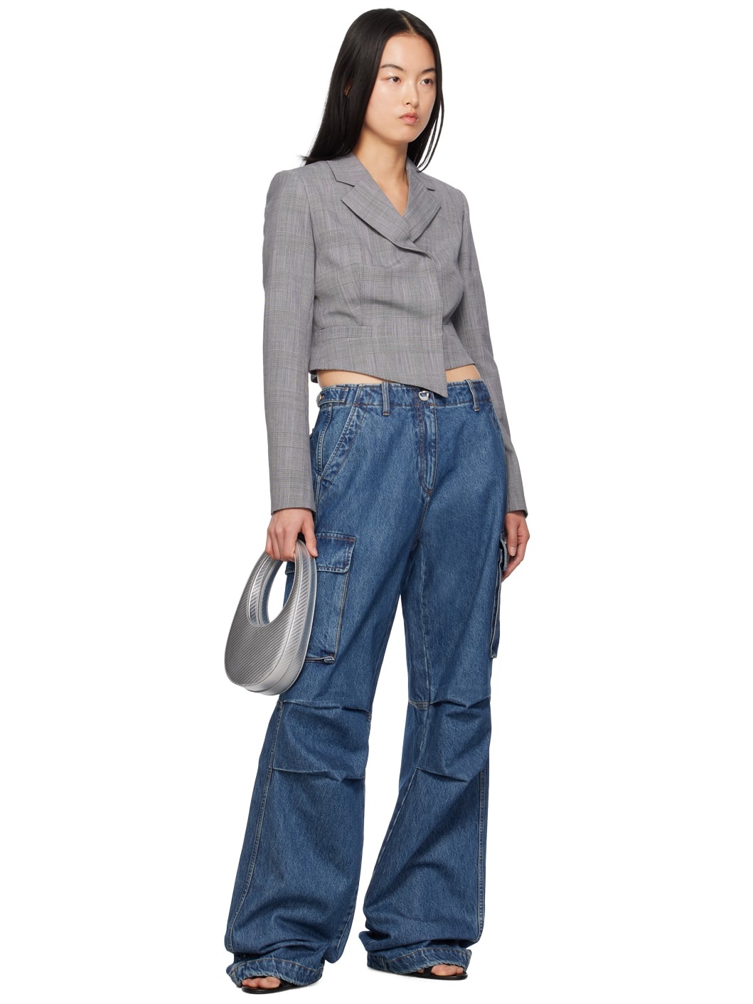 Blue Wide Leg Denim Cargo Pants - 4