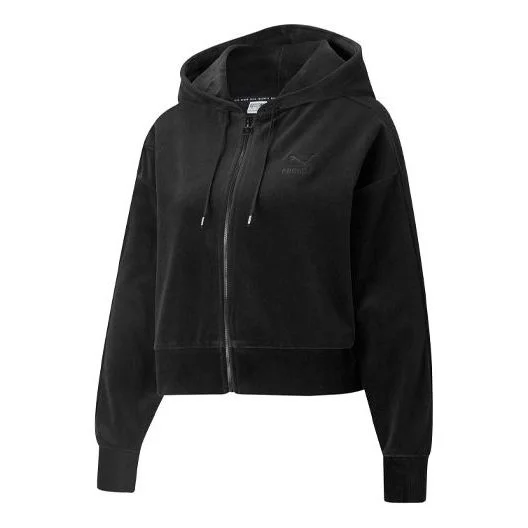 (WMNS) PUMA Casual Embroidered Zipper Short hooded Jacket Black 532948-01 - 1