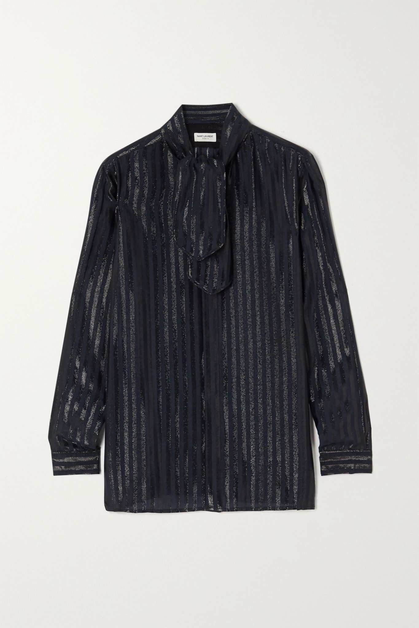 Tie-neck striped metallic silk-blend shirt  - 1