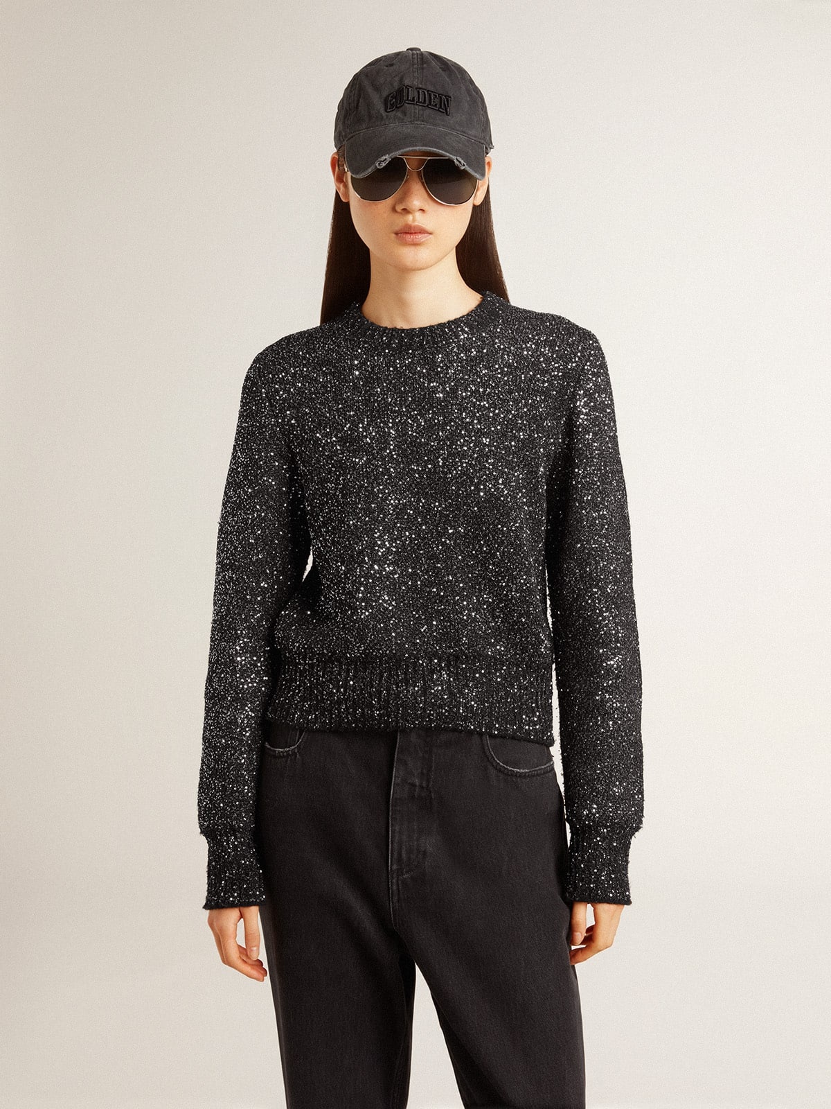 Women's black wool blend cropped sweater with all-over sequins - 2