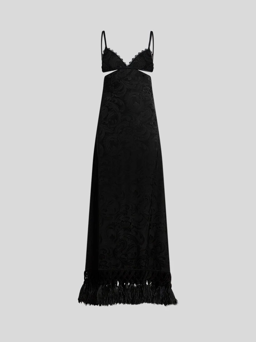 JACQUARD LONG DRESS WITH LACE, OSTRICH FEATHERS AND PAISLEY MOTIF - 1