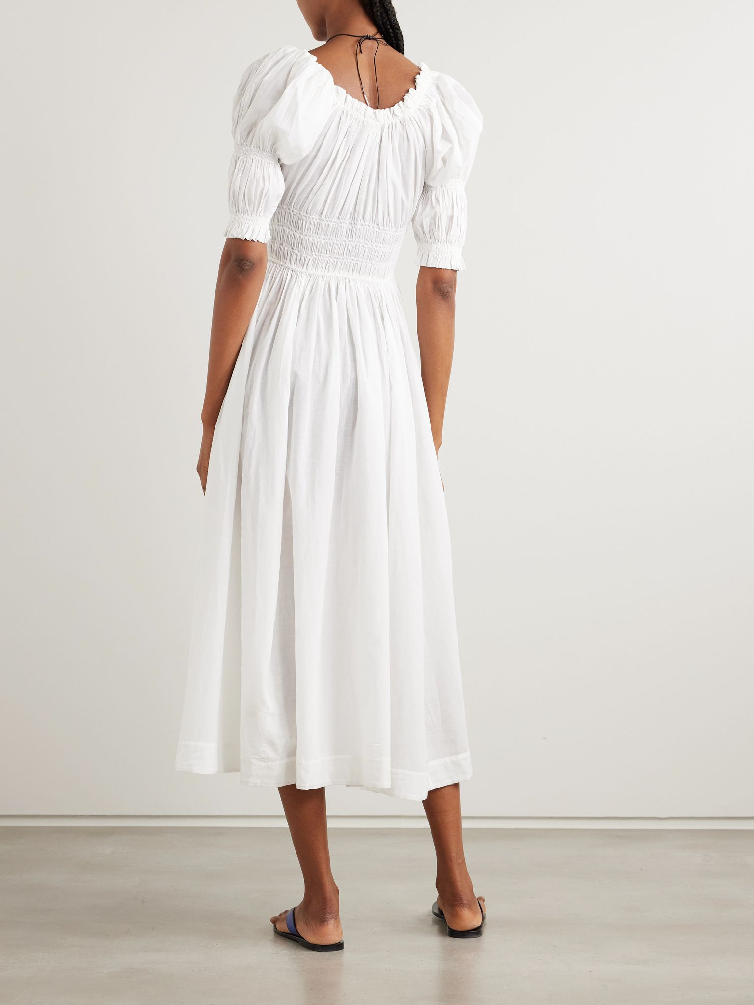 Ischia shirred organic cotton-blend voile midi dress White - 3