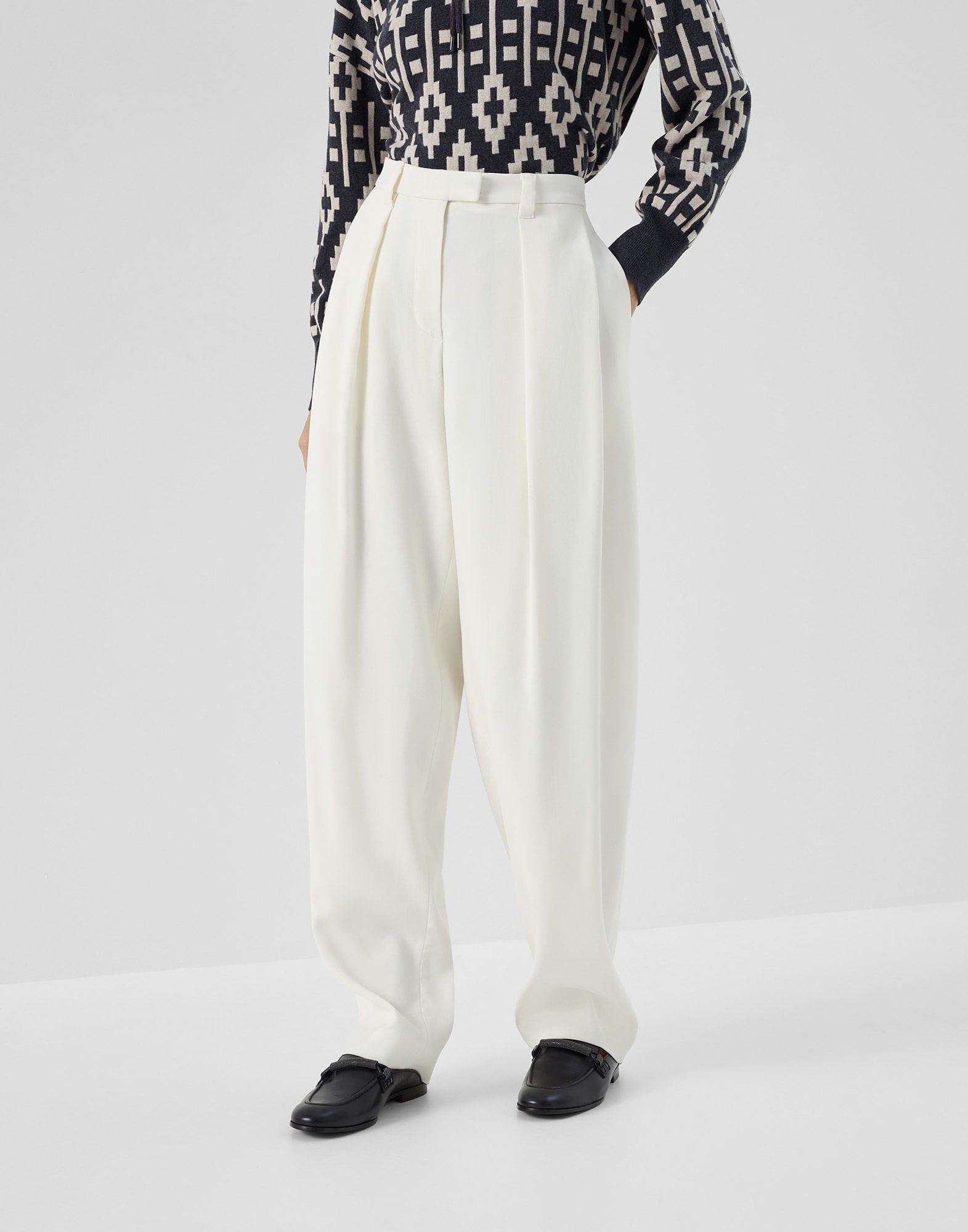 Viscose and virgin wool gabardine relaxed slouchy trousers with monili - 1