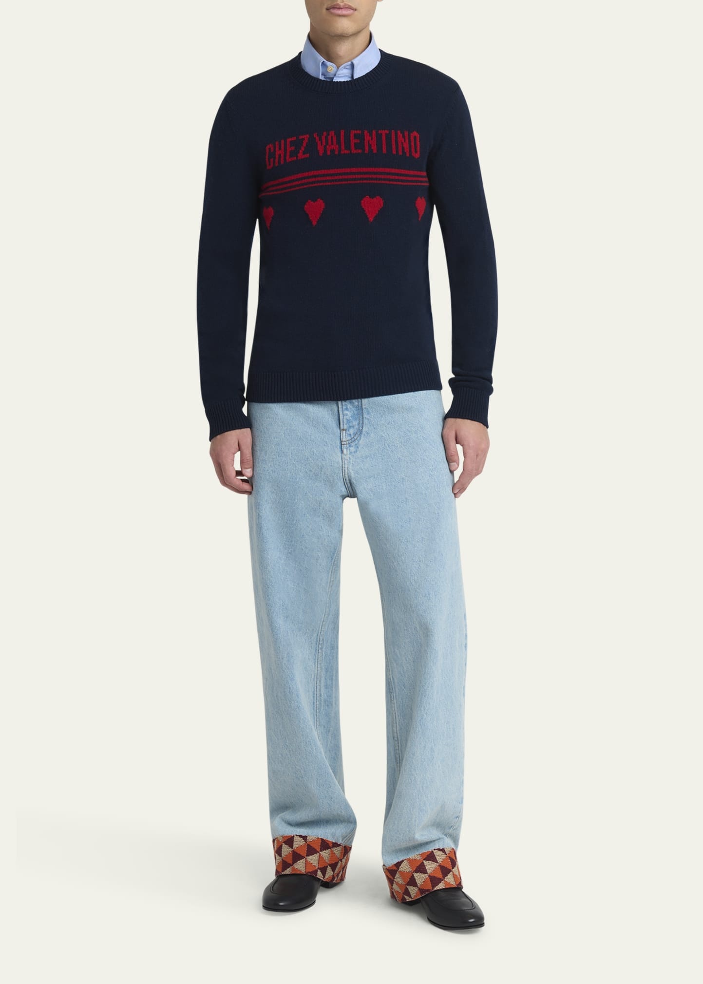 Men's Wool Chez Valentino Heart Jacquard Crewneck Sweater - 2