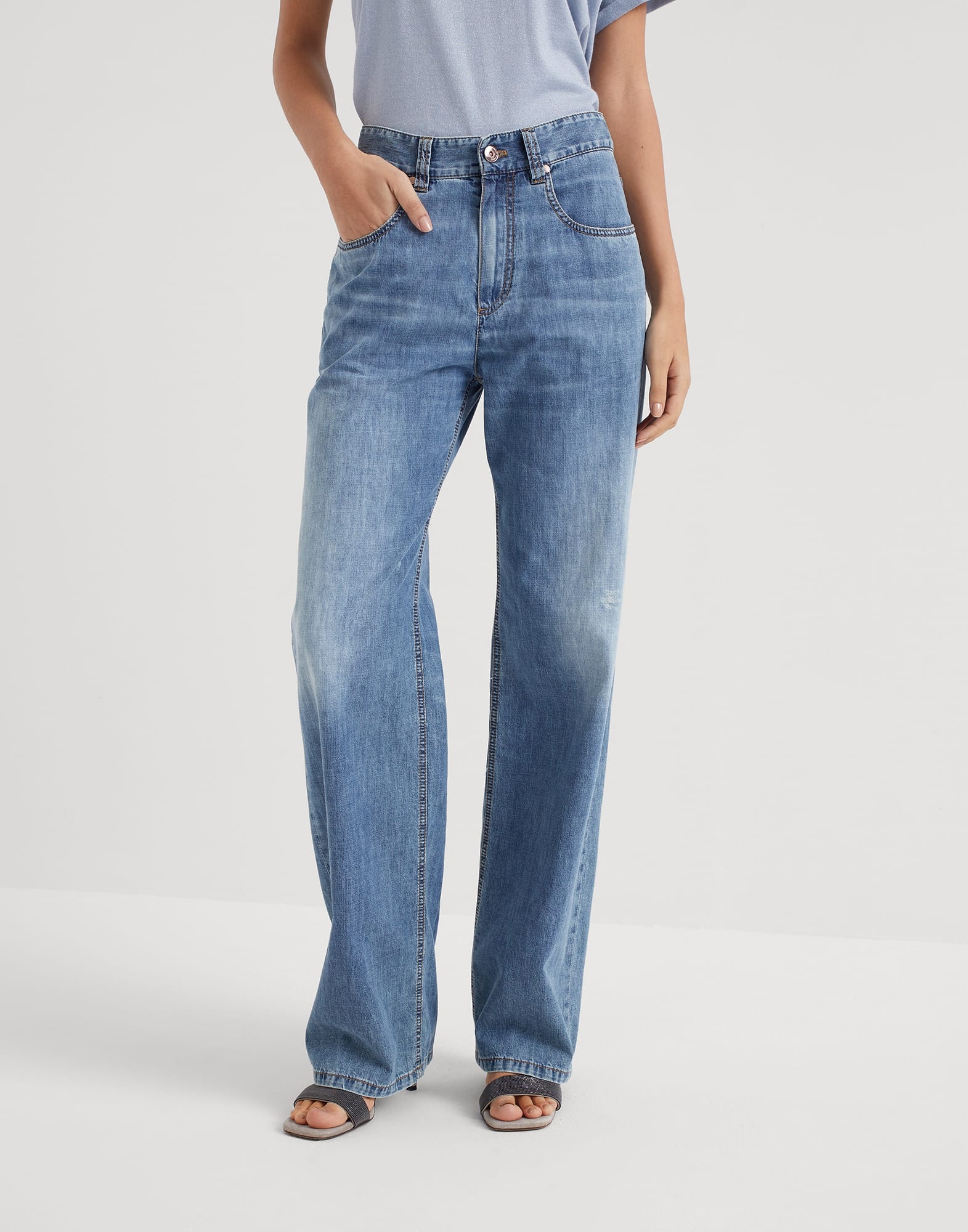 Lightweight denim loose five-pocket trousers with shiny tab - 1