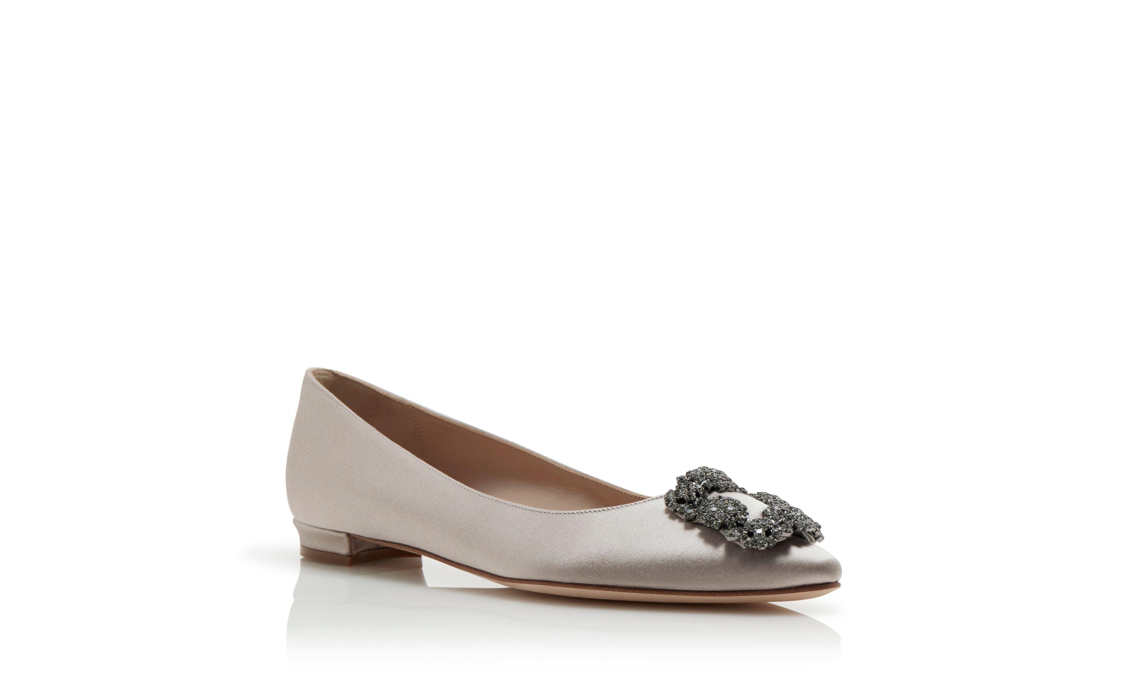 Light Grey Satin Jewel Buckle Flat Shoes - 3