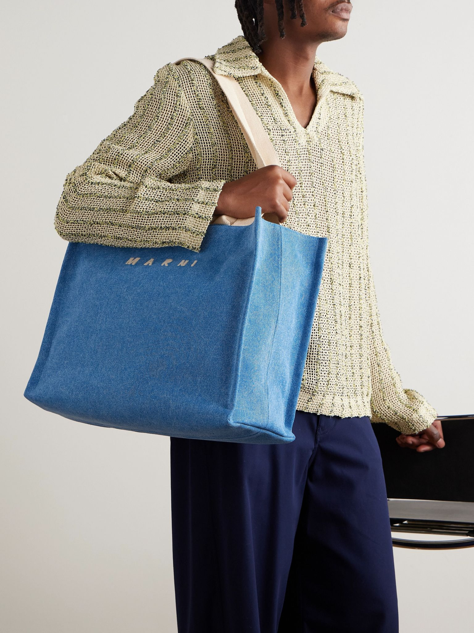 Logo-Embroidered Webbing-Trimmed Stonewashed Denim Tote Bag Blue - 6