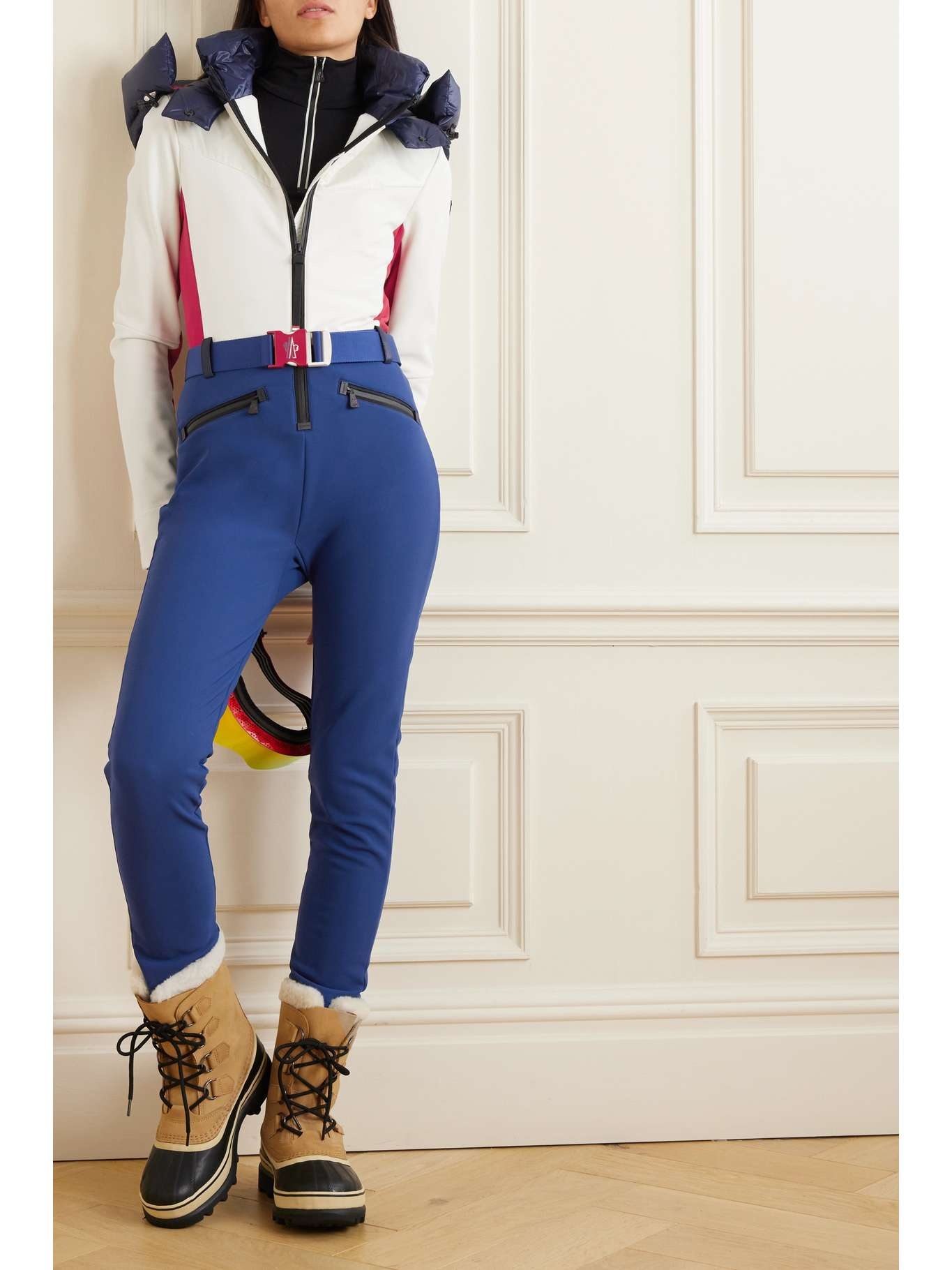 Hooded belted color-block down ski suit - 2