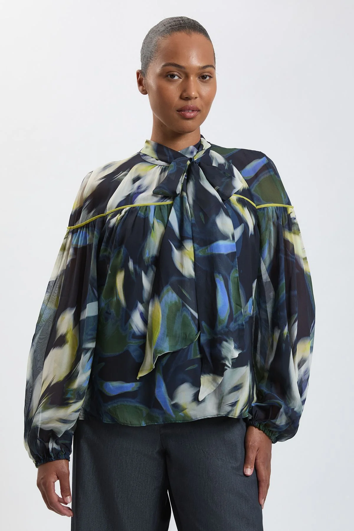 Plus Size Viscose Floral Print Woven Tie Neck Blouse - 1