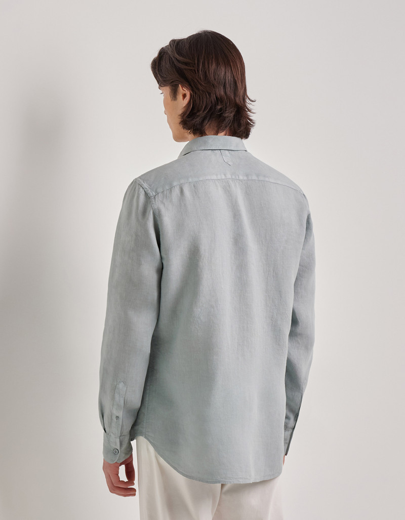 GREEN GARMENT-DYED LINEN REGULAR-FIT SHIRT WITH NARROW POINTED COLLAR 3
