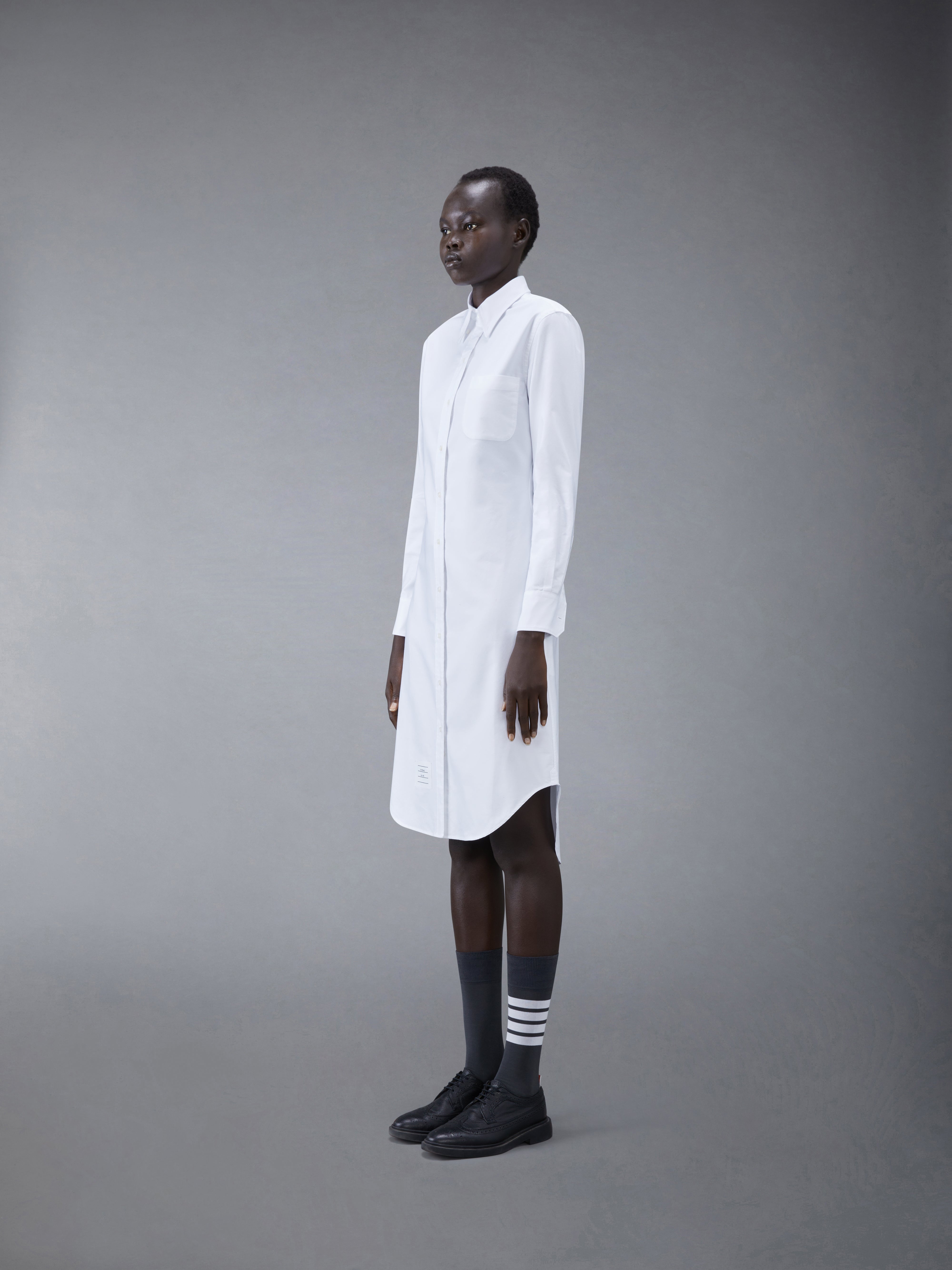 White Classic Oxford Long-sleeve Button Down Knee Length Shirtdress - 2