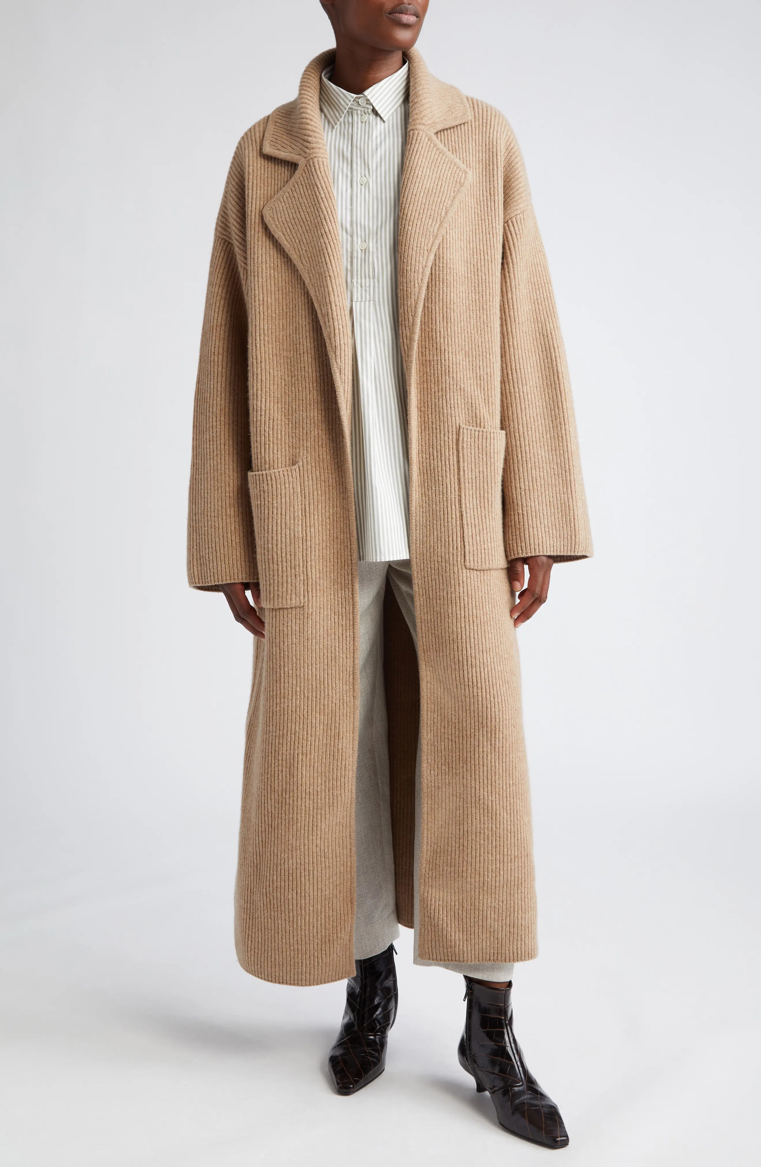 Wool Blend Rib Cardigan Coat - 1