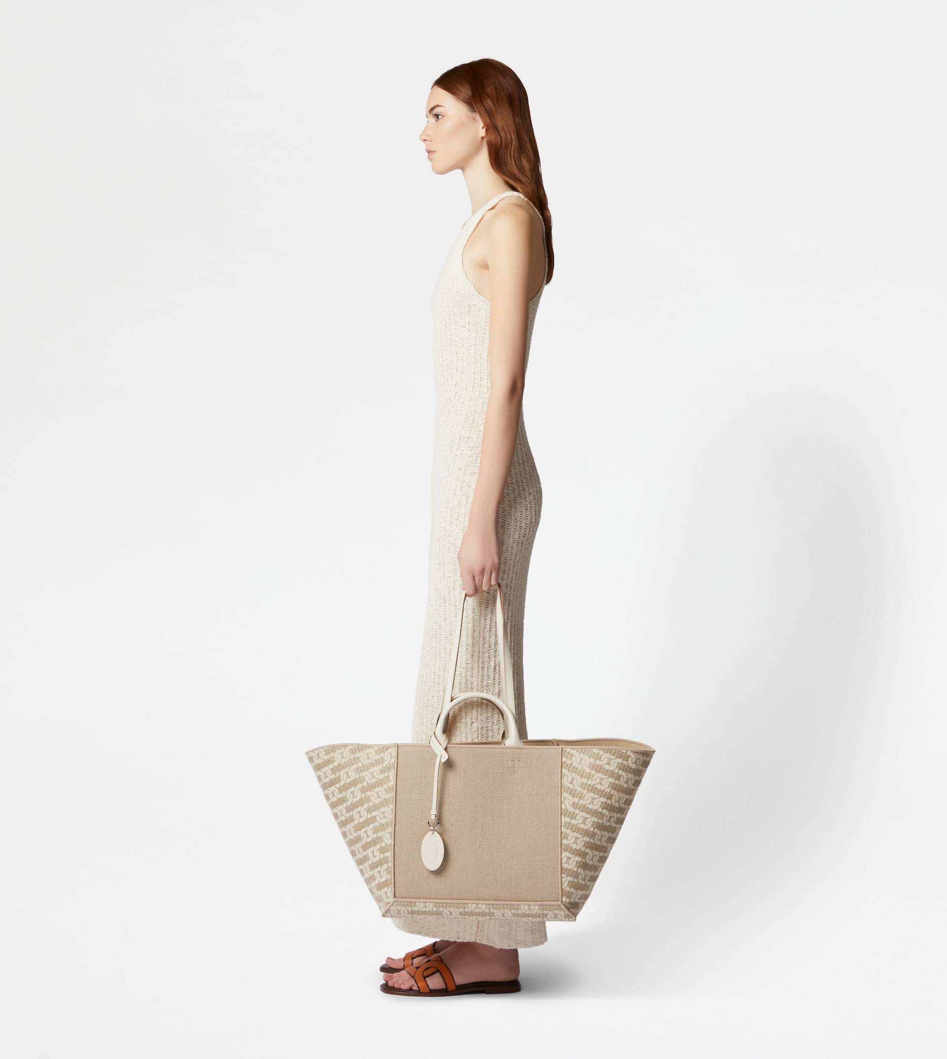 TOD'S DOUBLE UP SHOPPING BAG IN FABRIC AND LEATHER LARGE - BEIGE - 3