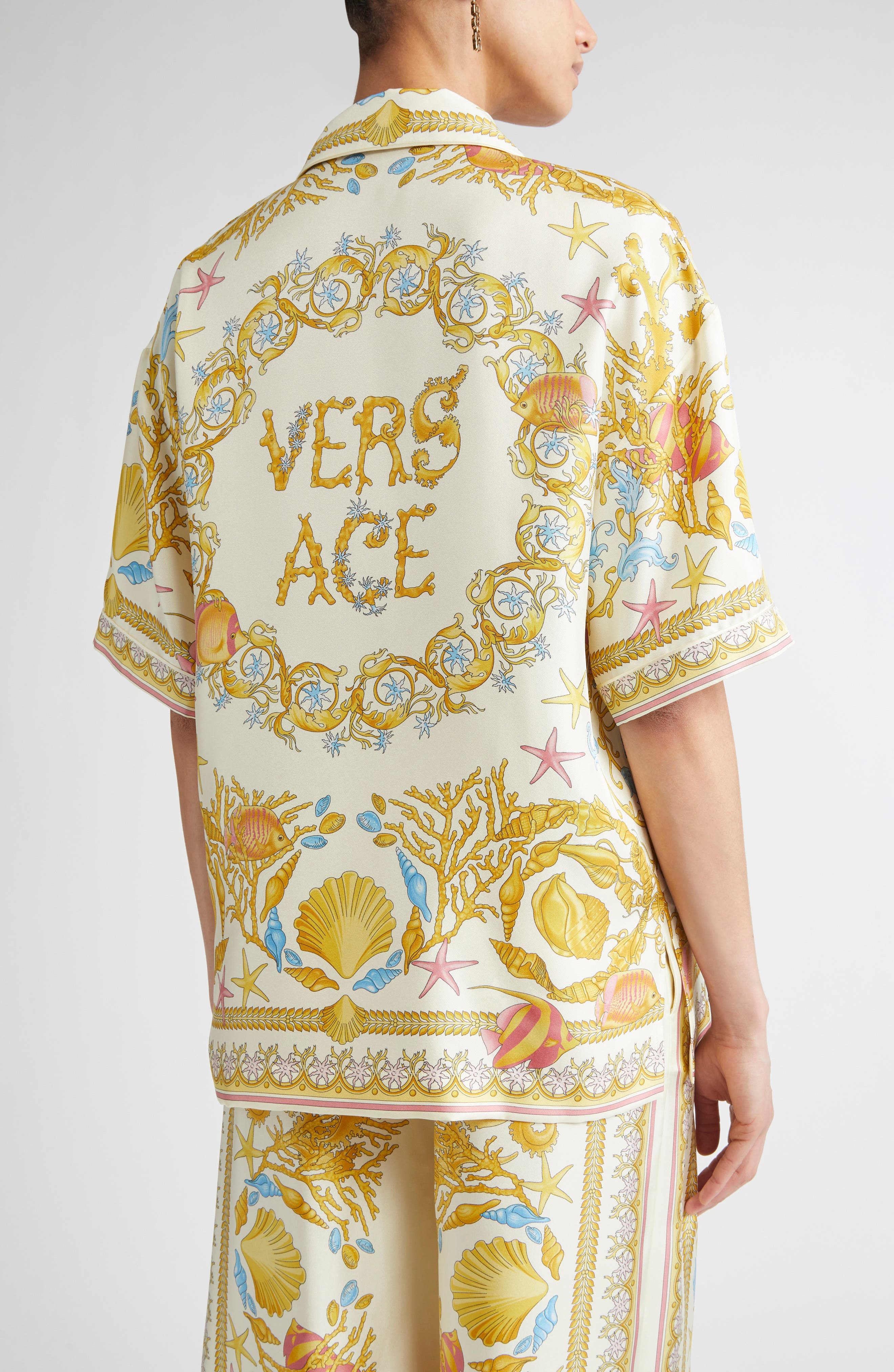 Versace Barocco Underwater Silk Camp Shirt in Eggshell Multicolor at Nordstrom - 3