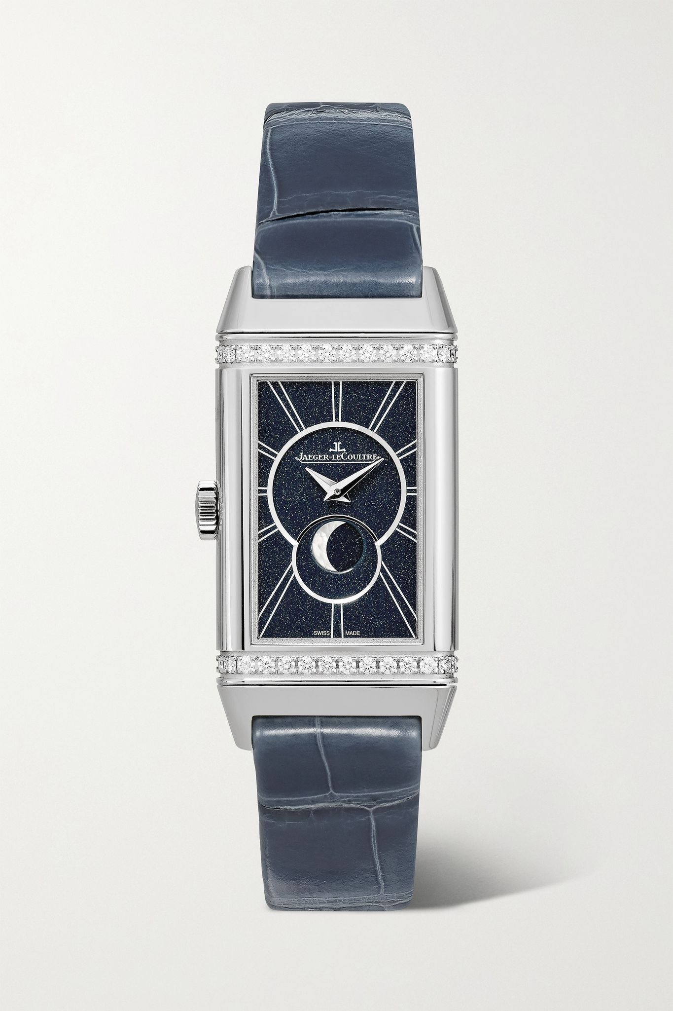 Reverso One Duetto Moon Hand-Wound Moon-Phase 20mm stainless steel, alligator and diamond watch - 1