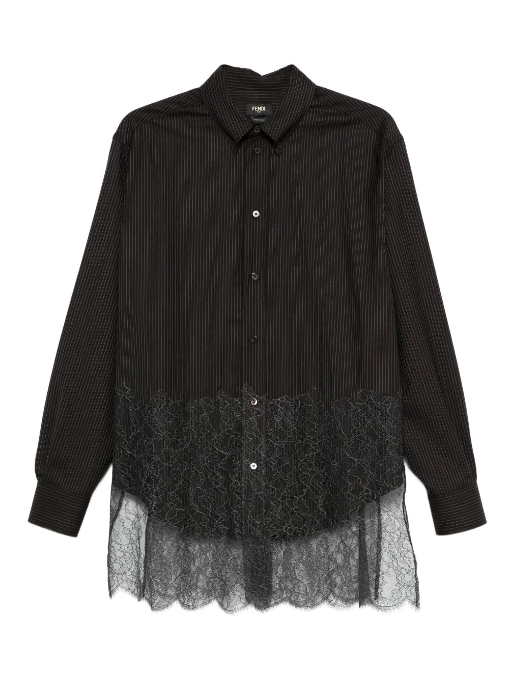 Fendi Men Black Pinstriped Wool Shirt With Lace - 1