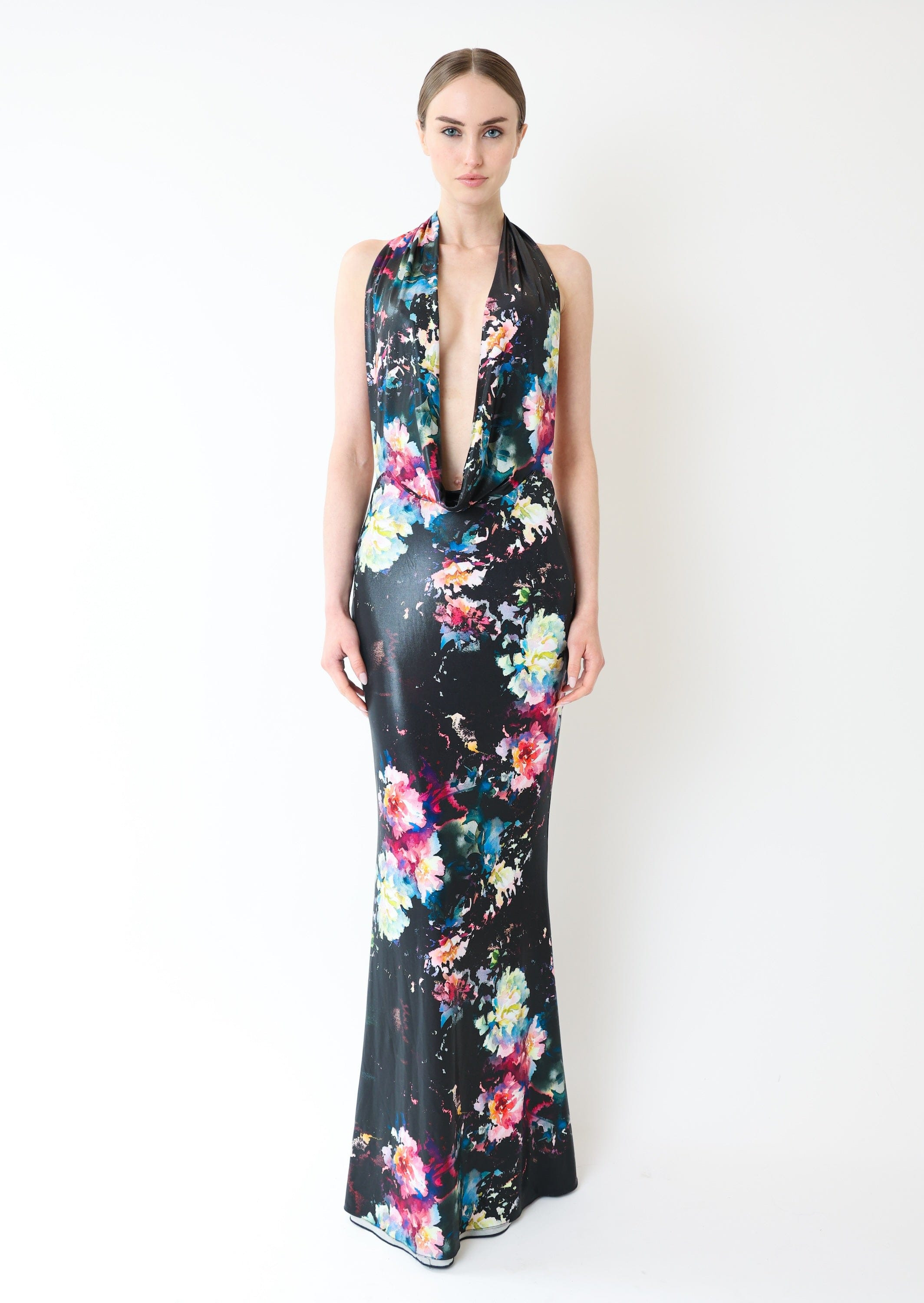 Floral Jersey Deep Cowl Neck Gown - 2